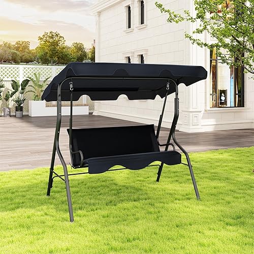 Miniatura 2 de Columpio de porche al aire libre, columpio de patio para 3 personas con cojín extraíble, soporte y toldo ajustable, silla columpio resistente para