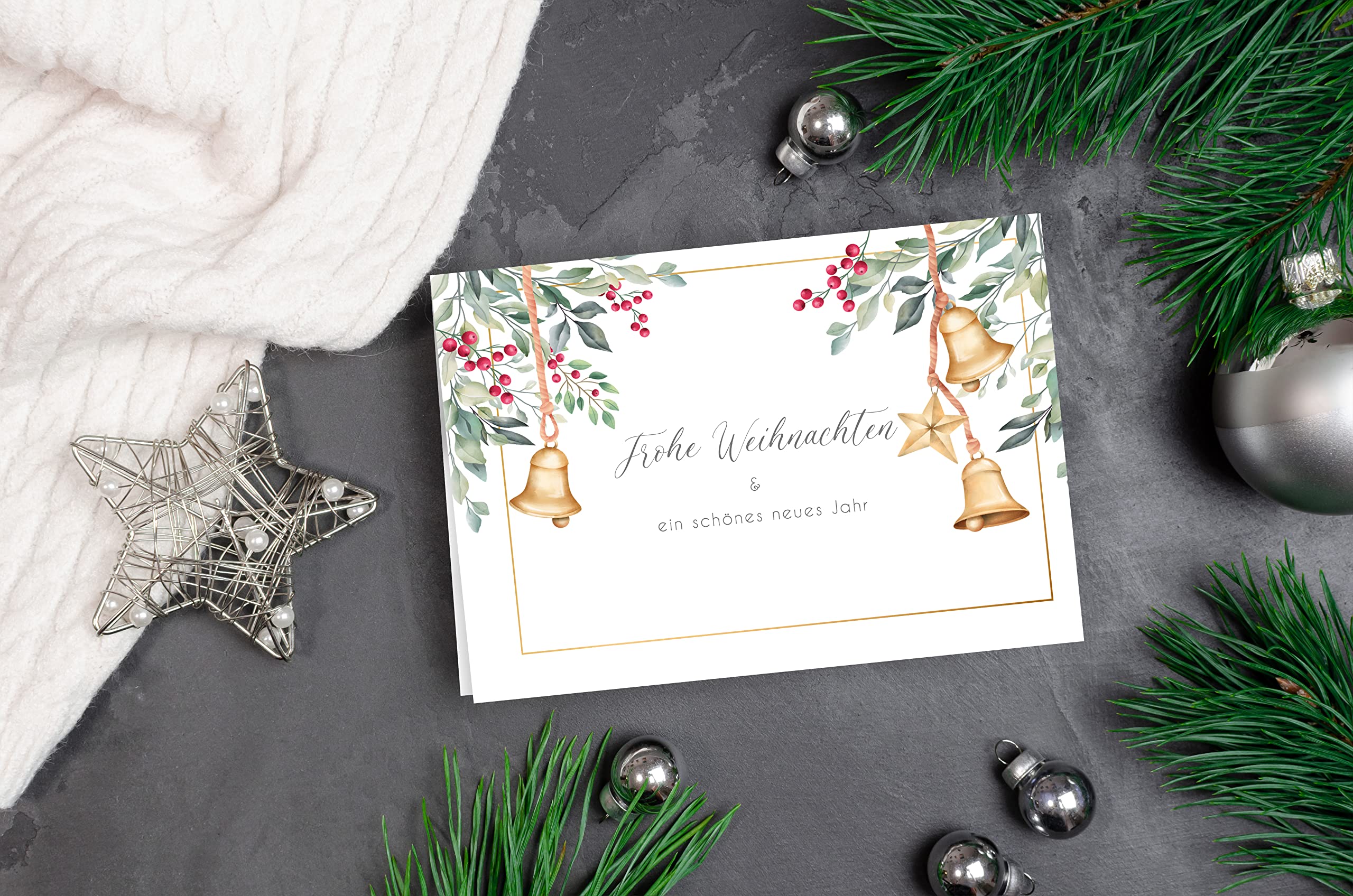 12 Weihnachtskarten Set Klappkarten mit Umschlägen Karte Karten Umschlag glanz Frohe Weihnachten Merry Christmas xmas grün gezeichnet Aquarell modern zart Geschenk (Packung mit 4)