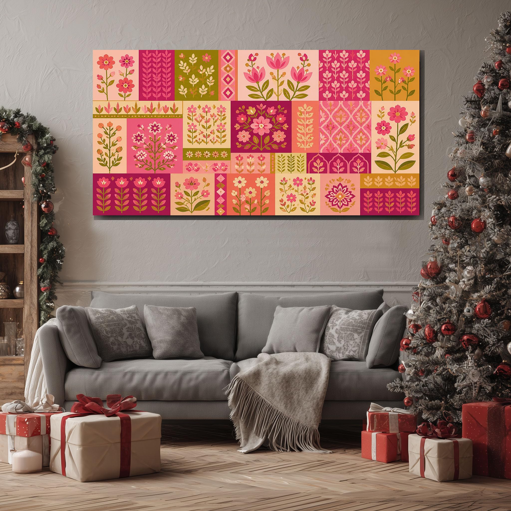 Quadri Camera Da Letto Piastrelle Floreali Geometriche Cornice 70X140 Cm