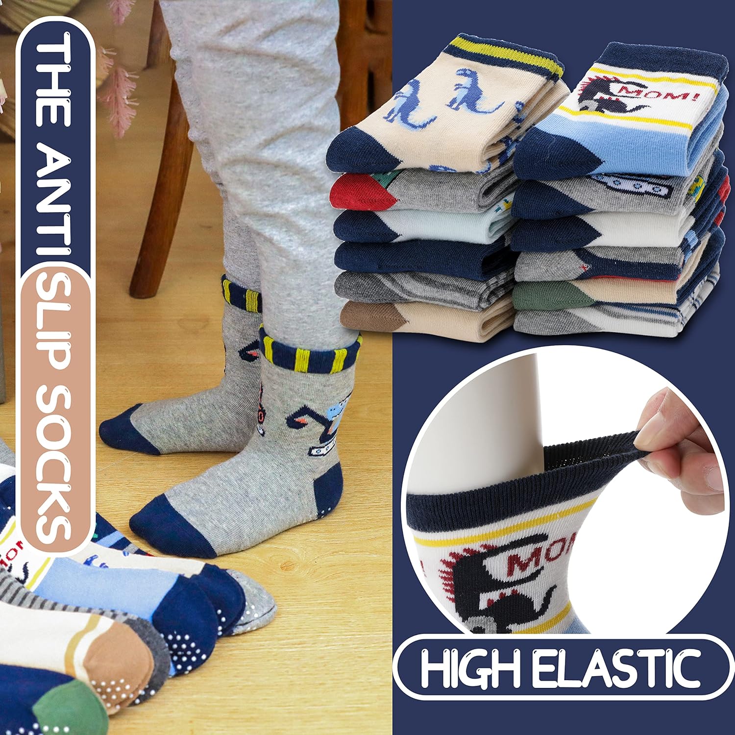 ANTSANG Baby Boys Grips Socks Kids Toddlers Infants Non Slip/Anti Skid Crew Cotton Socks - Image 2