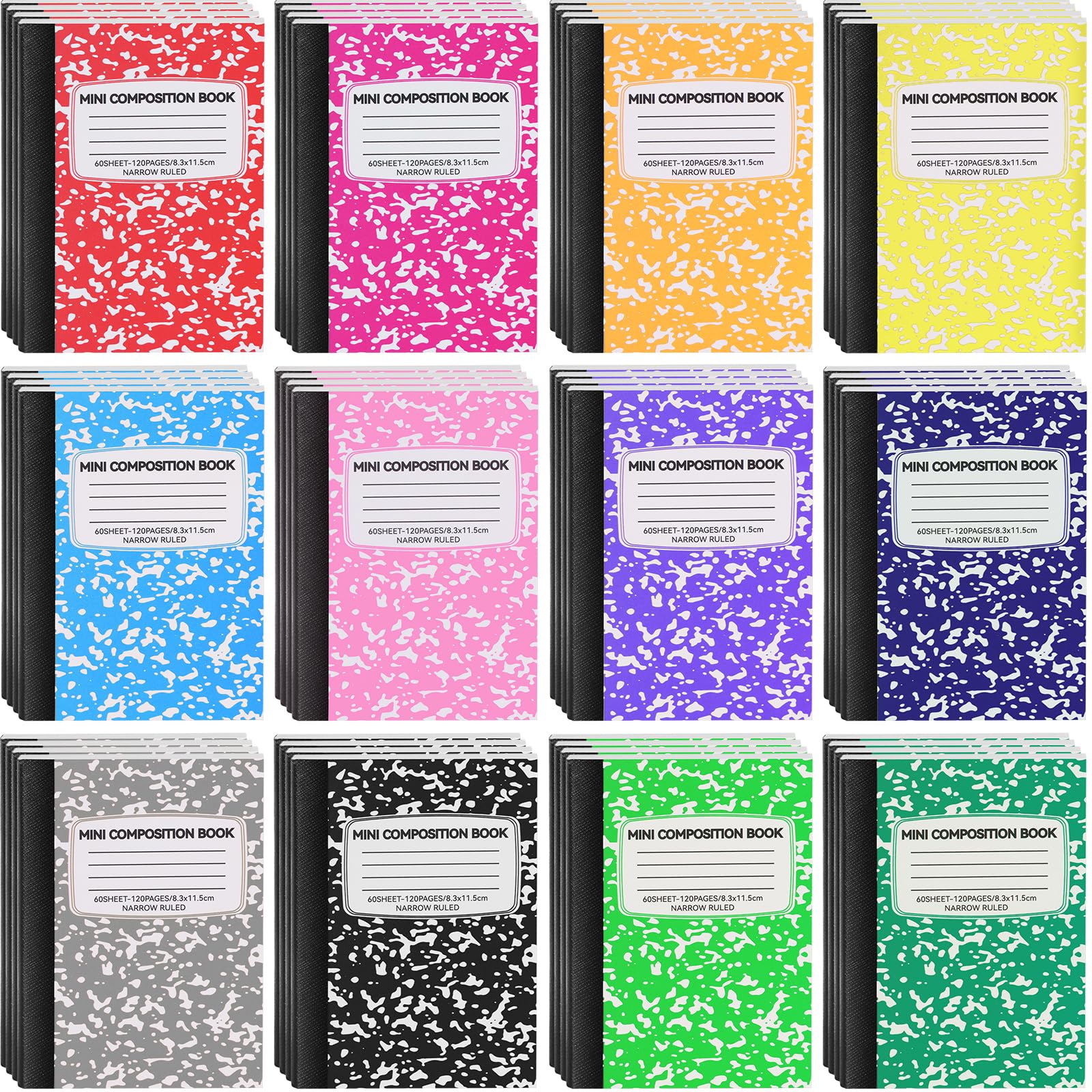Confezione da 48 mini quaderni di composizione, graziosi libri di composizione, piccoli quaderni a righe strette per bambini, studenti, università, ufficio, diario tascabile in marmo, 12 colori 11,4 x