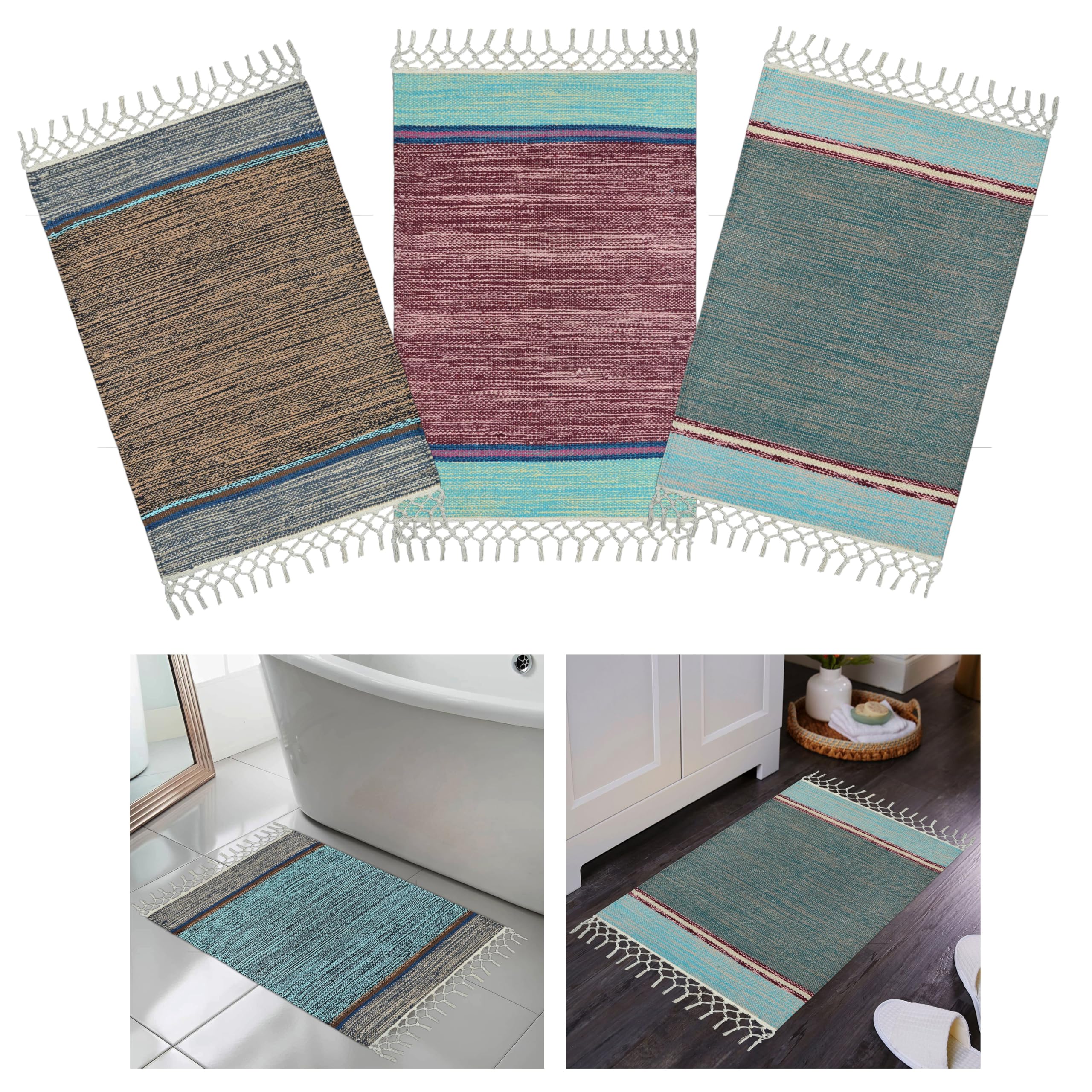 Anti Slip Door Mat, Pure Cotton, 40X60 cm, Water Absorbing, Machine Washable Floor Mats, Best use in Bathroom, Kitchen, Bedroom etc. Multicolor. Pack of 3