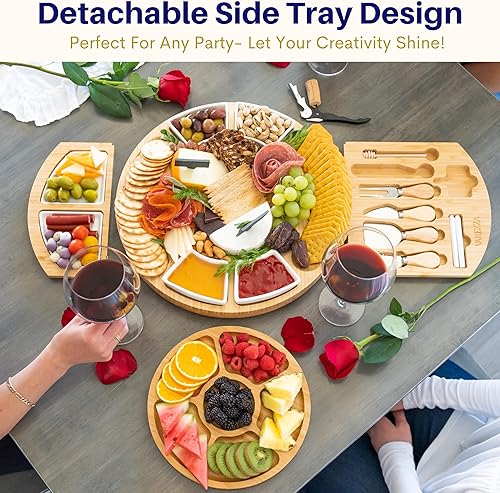Miniatura 2 de Set de regalo de tablas de embutidos extra grandes juego de tabla de queso de bambú redonda de 16 pulgadas y juego de cuchillos, bandeja de queso,