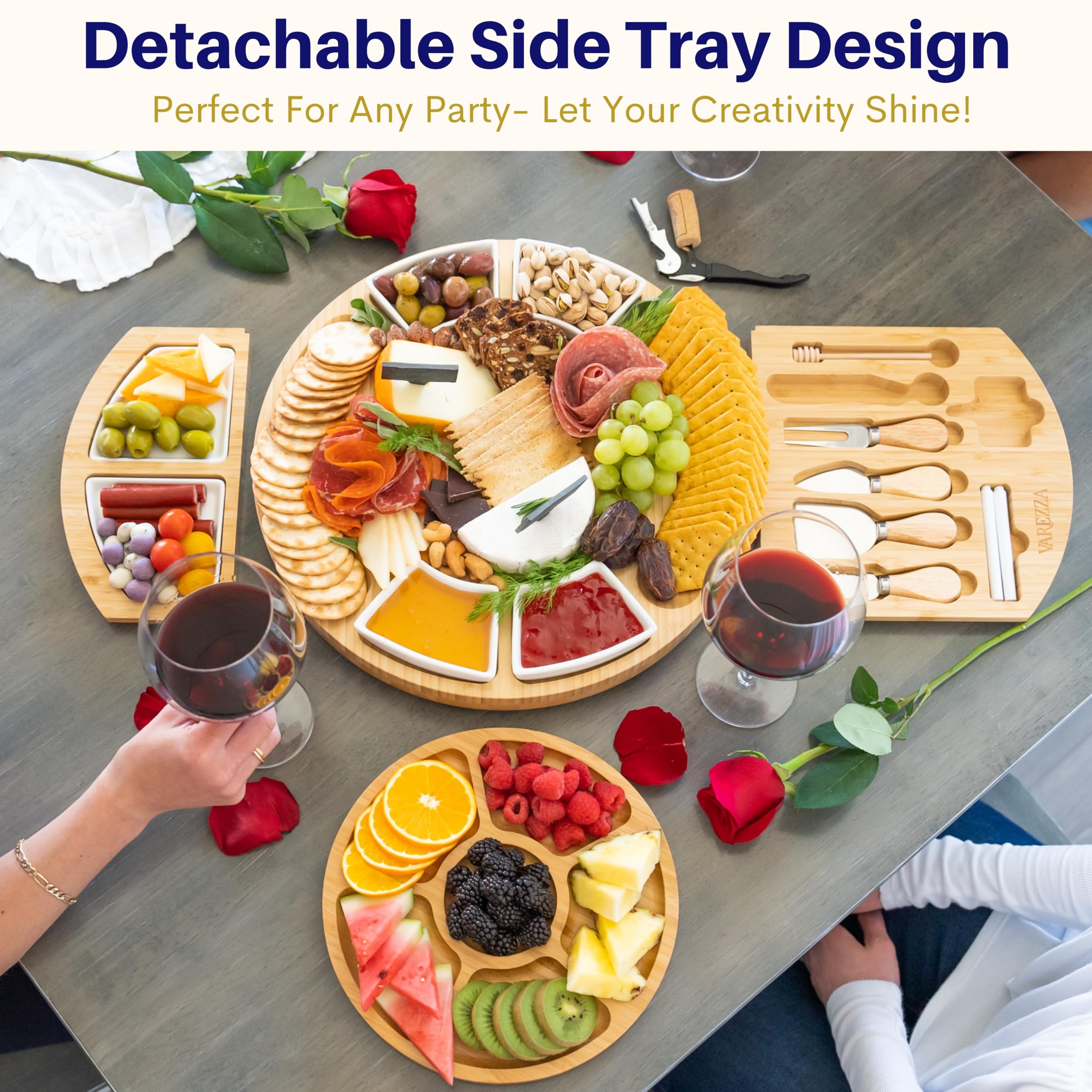 VAREZZA Juego de tablas de charcutería extragrandes: tabla redonda de bambú de 16 pulgadas y juego de cuchillos, bandeja de queso, plato de queso de frutas de bambú, 10 tablas de embutidos, regalos de