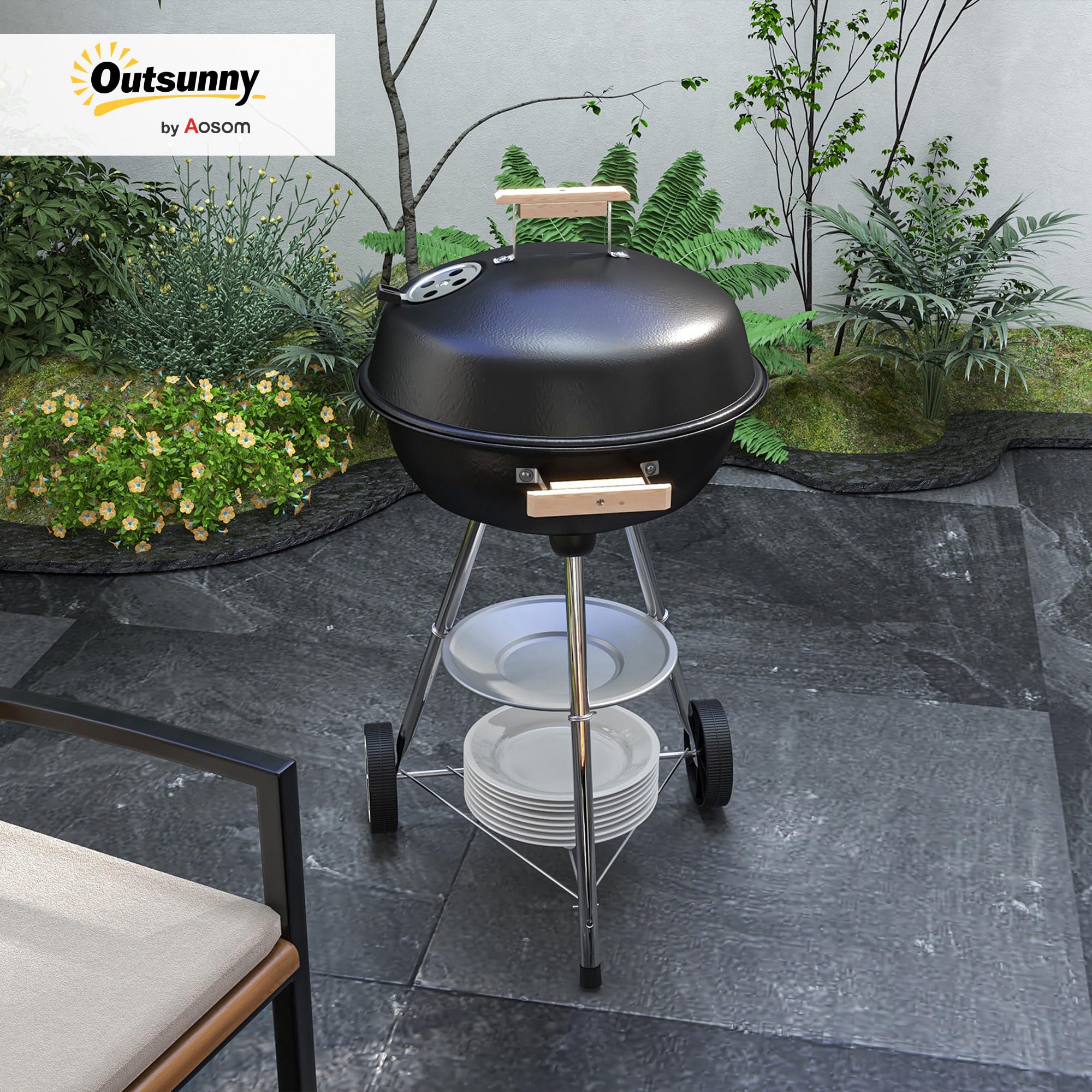 Outsunny Barbecue a Carbonella con Griglia in Metallo, Barbecue da Giardino con Coperchio, Prese d'Aria, Ruote, Raccogli Cenere, Ripiano e Maniglia in Legno, 48x56x94 cm, Nero