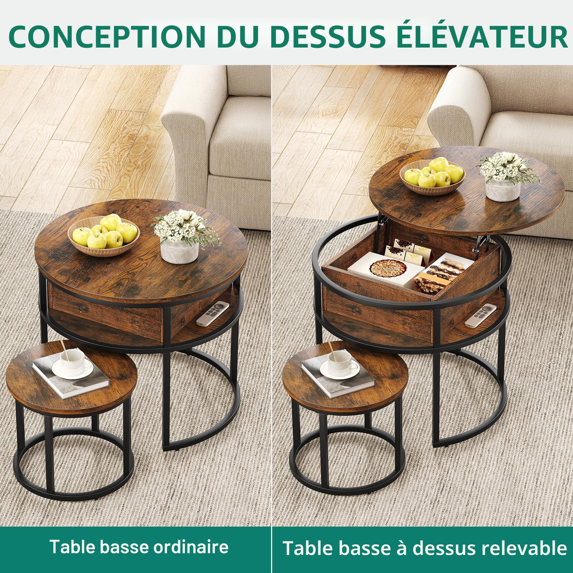 YITAHOME Table Basse Salon Relevable Ronde Bois avec Espace de Rangement et Plateau de Levage, Table Basse Gigogne pour Salon, 60x60x50 cm, 38x38x30 cm