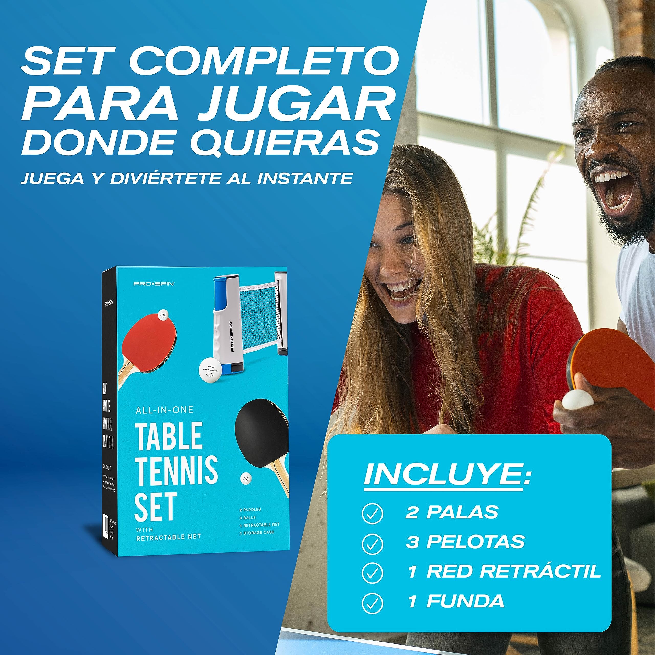 PRO-SPIN Set de Ping Pong Portátil con Red Retráctil, Palas y Pelotas 3 Estrellas