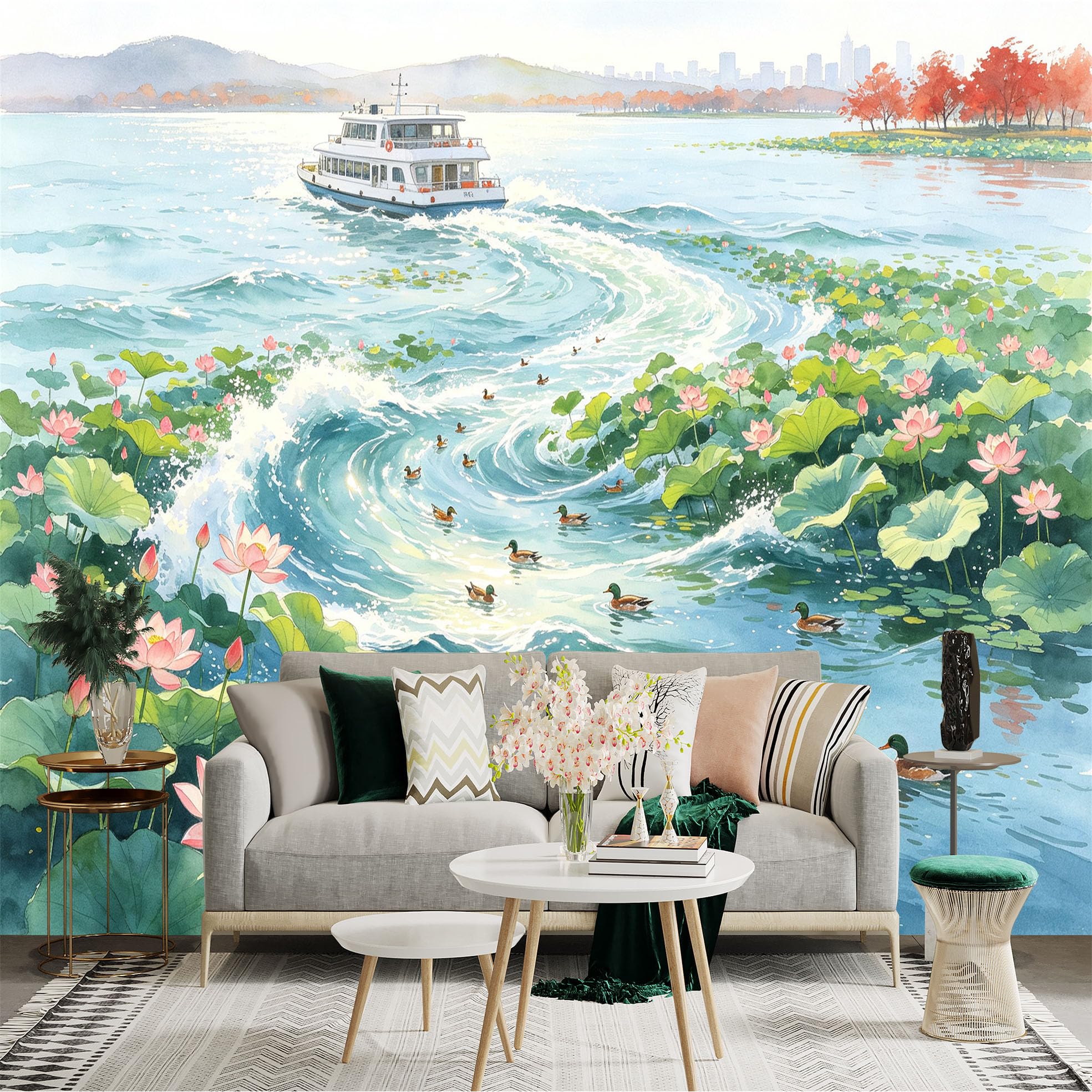 Custom Size Wall Sticker Mural， Watercolor Lake with Cruise Ship， Lotus Flowers and Swimming Ducks， for wall Decoration， peelandstick wall Decals.