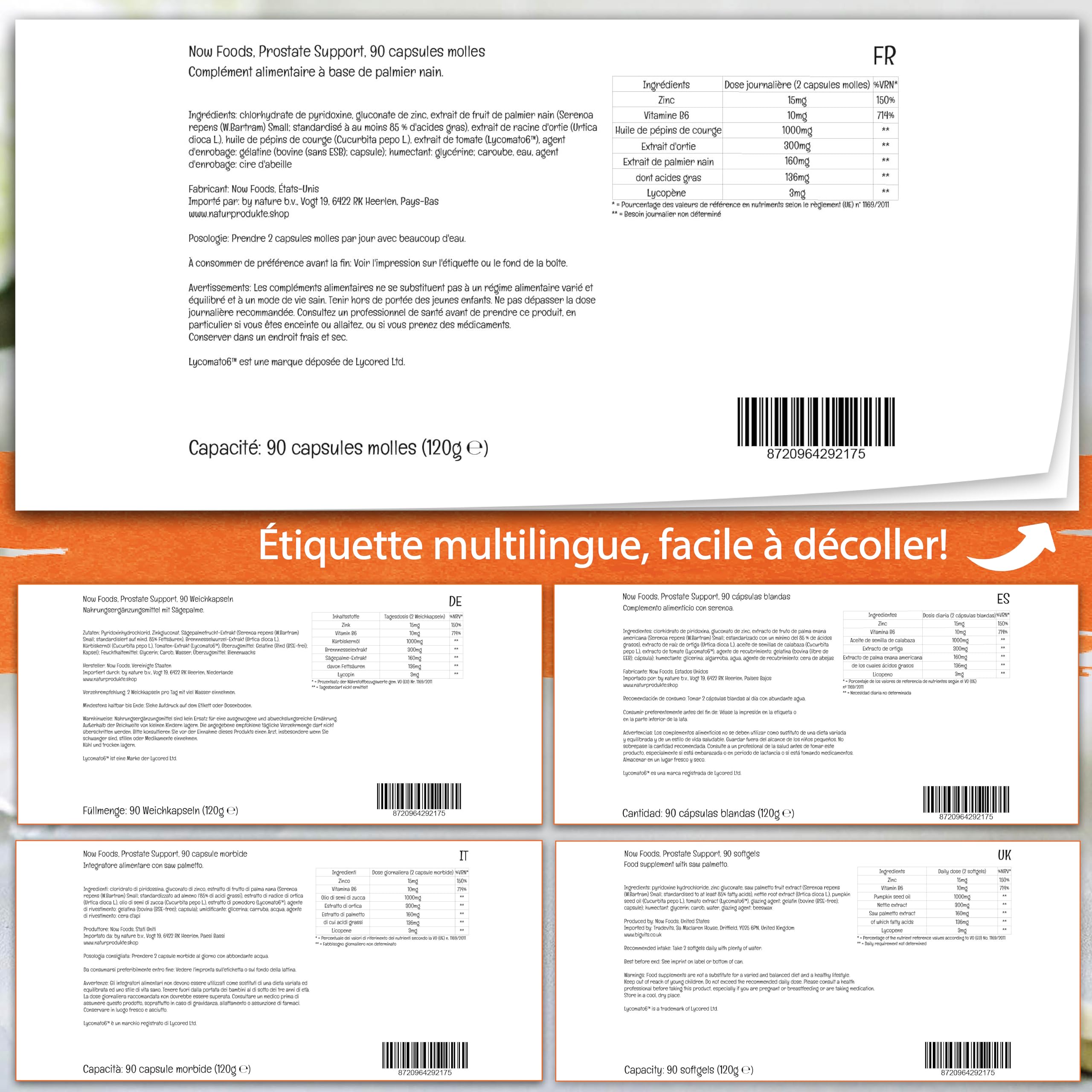 Now Foods Prostate Support, Avec Palmier nain Huile de pépins de courge Lycopène, 90 Capsules molles, Testé en Laboratoire, Sans Soja, Sans Gluten, Sans OGM