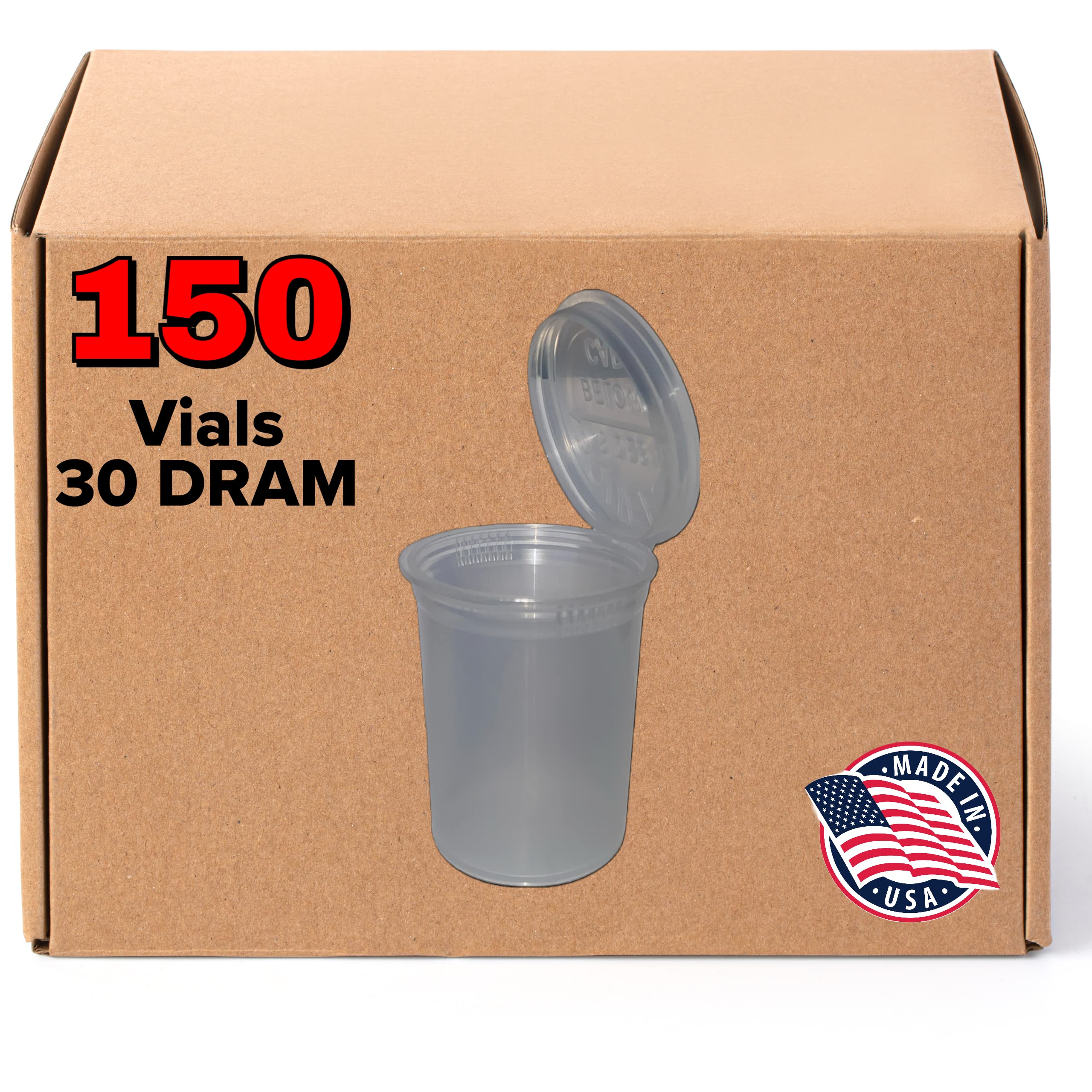 Evo Plastics 150 Clear Vials - 30 DRAM Pop Top Bottle - Airtight Containers - BPA Free Medical Grade Plastic Prescription Bottles for Pills Flowers Supplements, Wholesale Bulk Pack