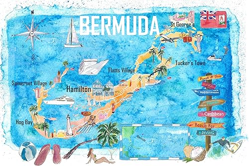 Bermuda Island Travel Poster Favorite Tourist Map Highlights Retro Vintage With Touristic, Watercolor Poster Bermuda Island Travel Wall Art Favorite