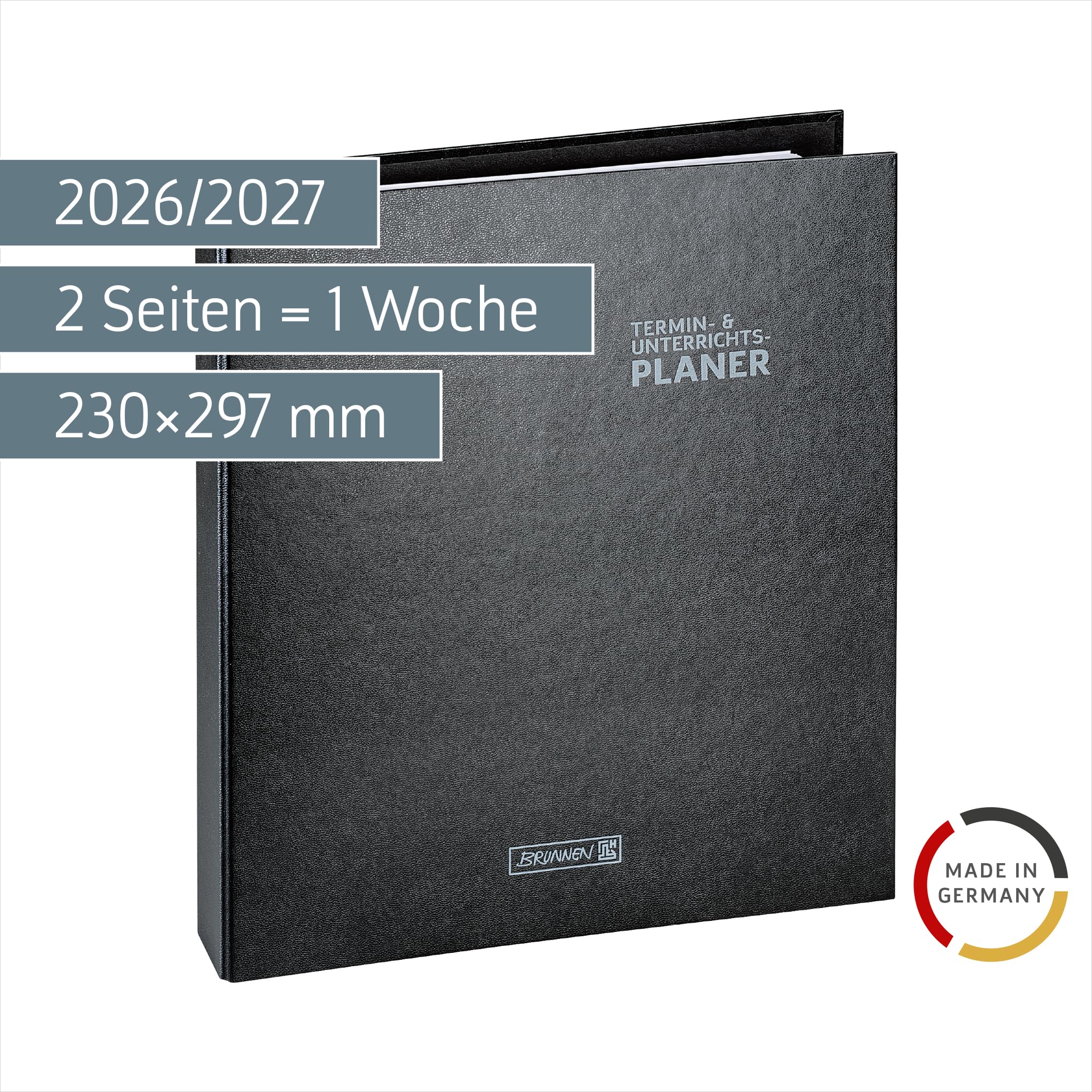 Ringbuch-Kalender mit Einlage 2026/2027 | A4+, Kunststoff, schwarz: 2 Seiten = 1 Woche ; Kalendarium: August 2026 bis Juli 2027