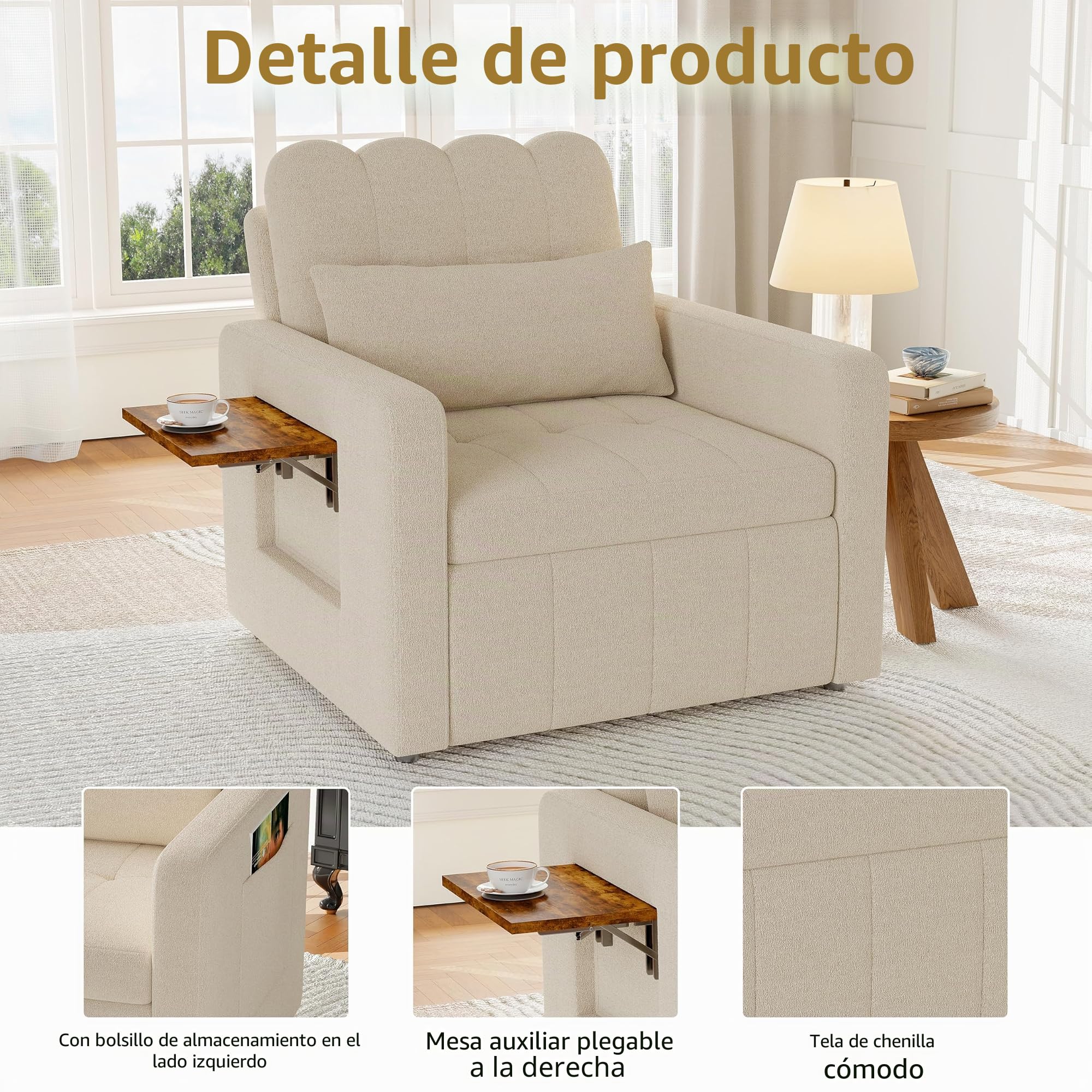 Sofá Cama Convertible de 1 Plaza 3 en 1 sillón Convertible con función Cama, Respaldo Ajustable, Mesa Auxiliar Plegable, colchón, cojín y Bolsillos, sofá Cama Plegable para apartamento pequeño