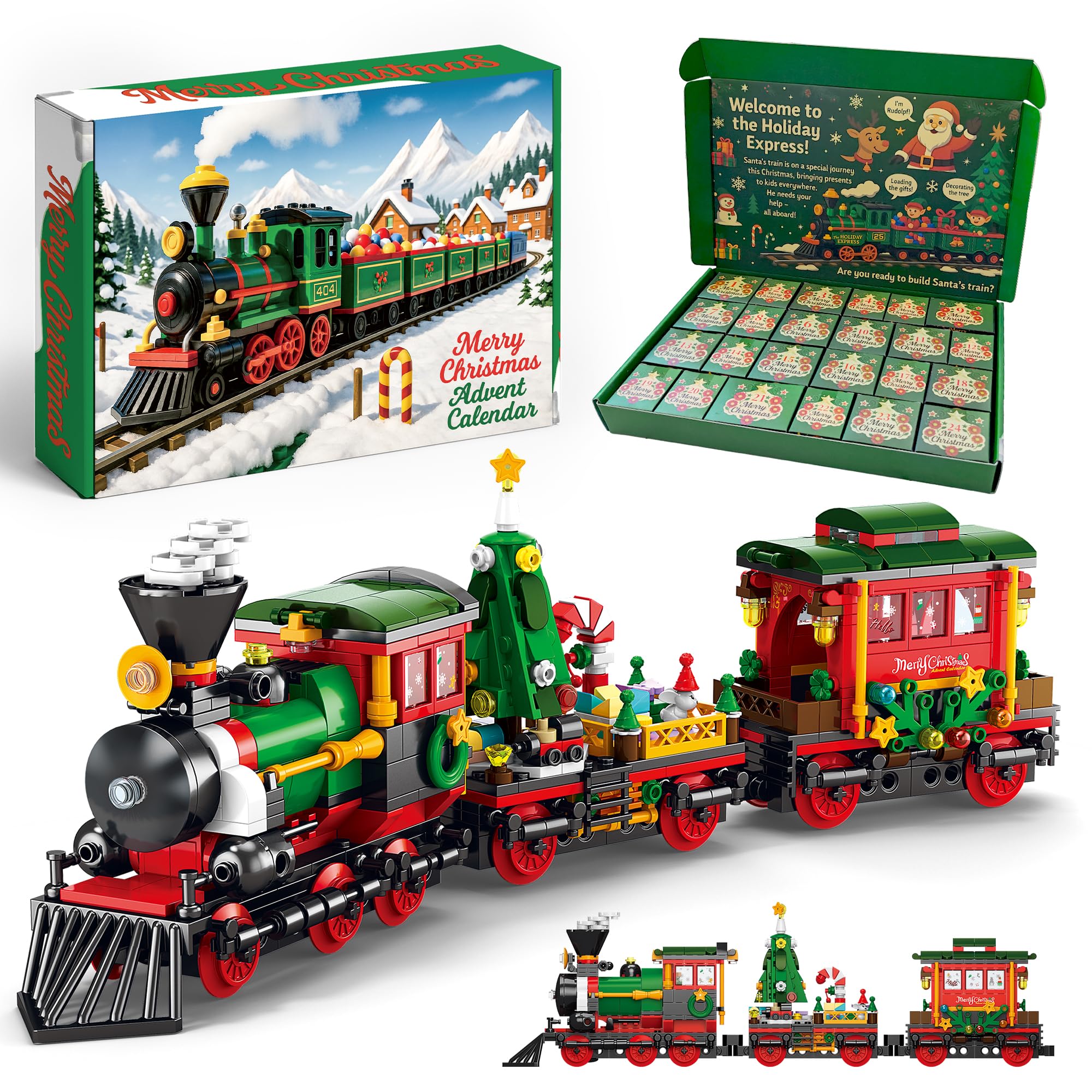 Rubypop Advent Calendar 2025 Christmas Train Building Blocks Set, 24 Day Christmas Countdown Calendar Building Blocks Toys with 770PCS, Festive Toy Gift for Kids Boys Girls
