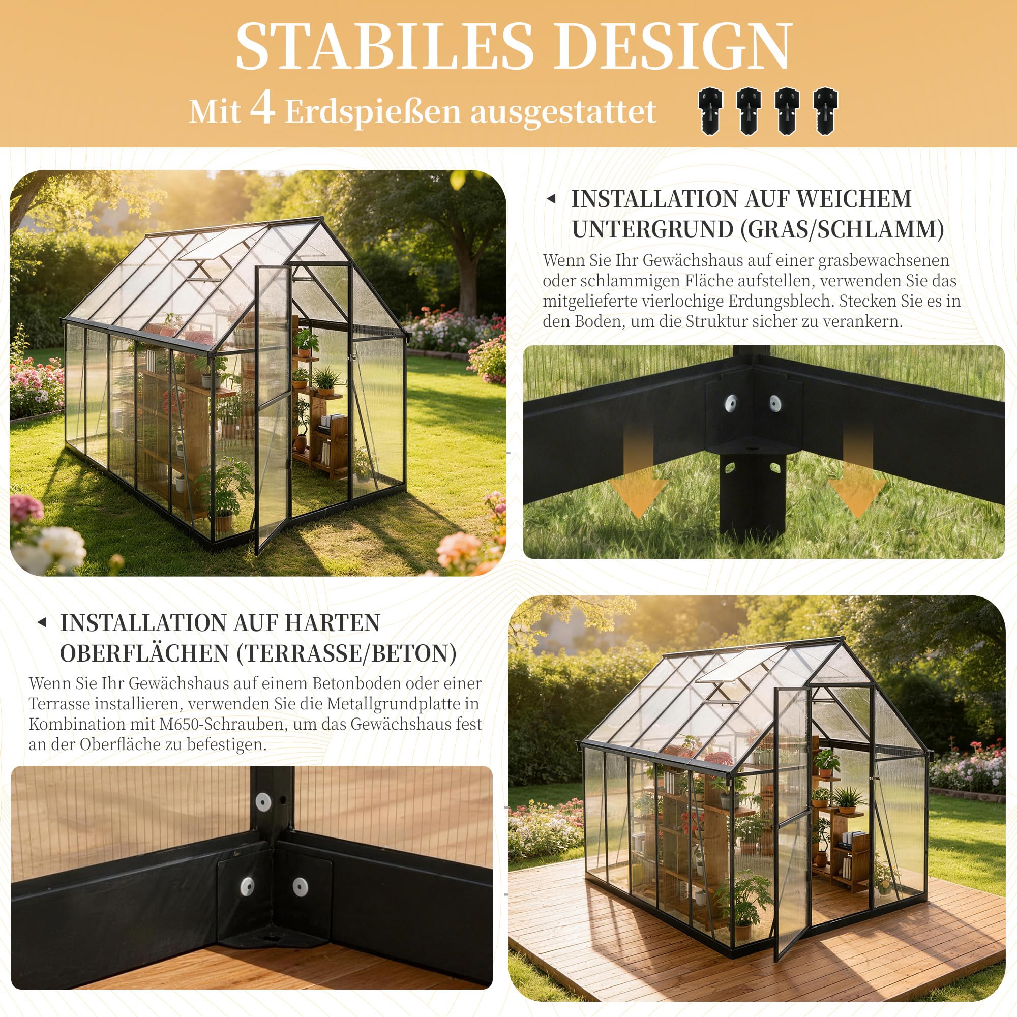 2026 Polycarbonat Gewächshaus Schwarz 281x175x195, Aluminiumrahmen Garten & Terrasse Pflanzenhaus mit Lüftungsfenster, Regenrinnen, Stabil Alle Wetter, Winterfest Außengewächshaus, Tomatengewächshaus
