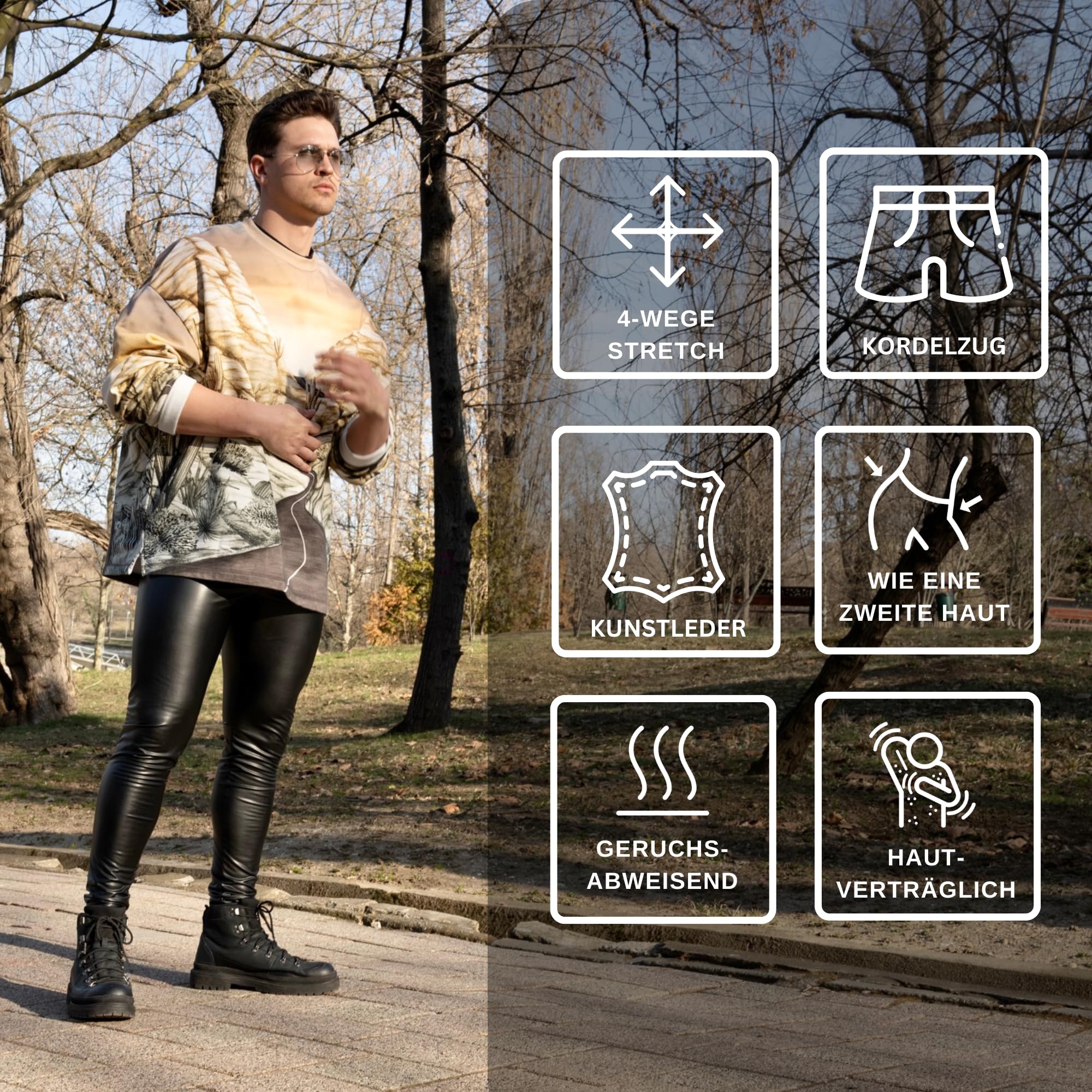 Kapow Meggings Herren-Leggings in Lederoptik, Matte Hose in Veganer Lederoptik mit Taschen und Kordelzug für Festivals und Partys