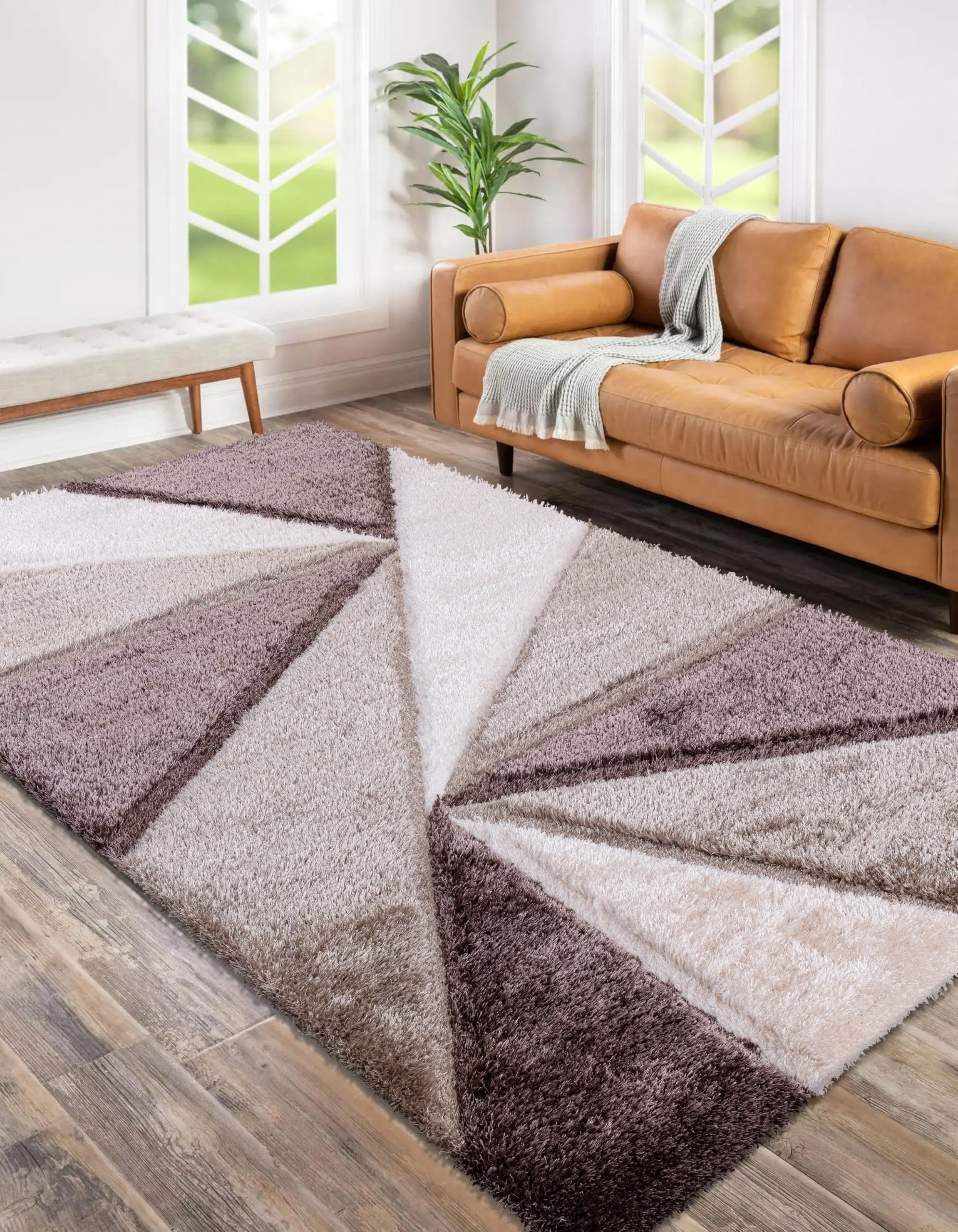 3D Illusion Shaggy Carpet Modern Geometric Area Rug for Living Room, Bedroom Soft Thick Pile Non-Shedding, Machine Made Polypropylene (Beige, 80 cm × 150 cm = 2.62 ft × 4.92 ft)