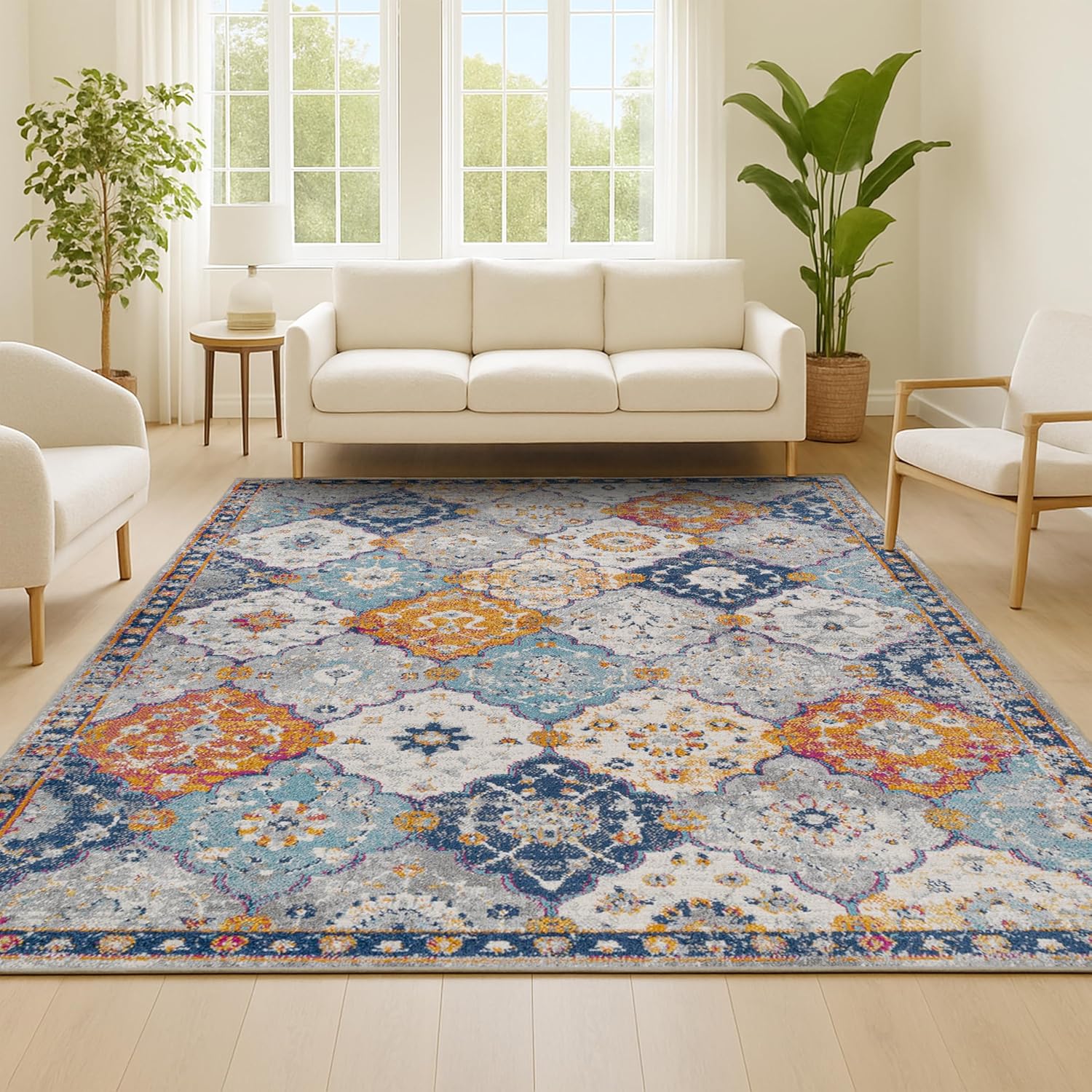 JONATHAN Y Kirman Bohemian Medallion Light Gray/Blue/Orange Indoor Area Rug, 3x5, Bohemian, Vintage, Easy-Cleaning for Living Room, Bedroom, Kitchen, Pet Friendly, Non-Shedding (MDP214A-3)