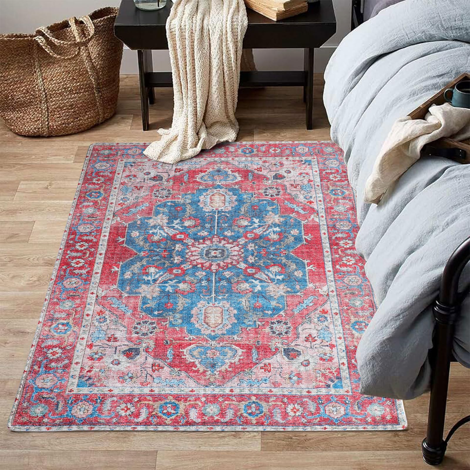 Area Rug Non-Slip 3'x5' Dark Red and Blue Printed Indoor Accent Rug Washable Low-Pile Small Foldable Carpets Indoor Entry Throw Rug for Bedroom Living Room Dining