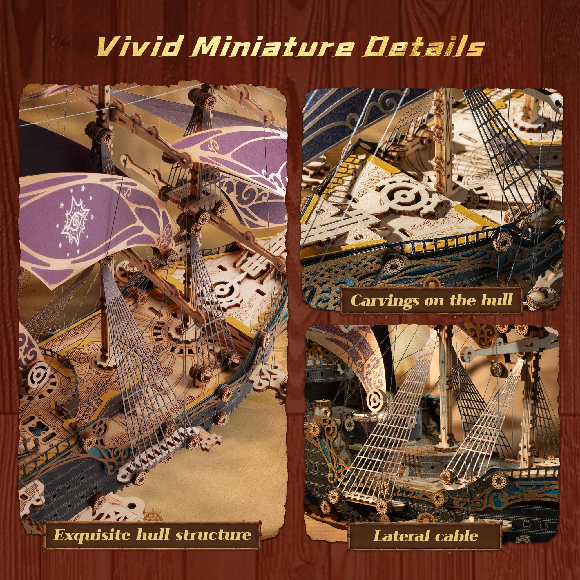 FUNPOLA 3D Holzpuzzle Piratenschiff Modell – Segelschiff Bausatz, Abenteuer, Wohnkultur Dekoration, kreatives Geschenk für Erwachsene und Jugendliche(Lila)