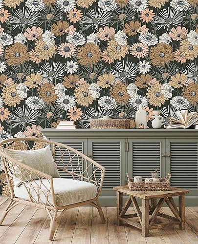 Miniatura 5 de Papel tapiz floral verde de 394 pulgadas, papel de contacto de flores vintage bohemio texturizado, retro, autoadhesivo, extraíble, rollo de vinilo