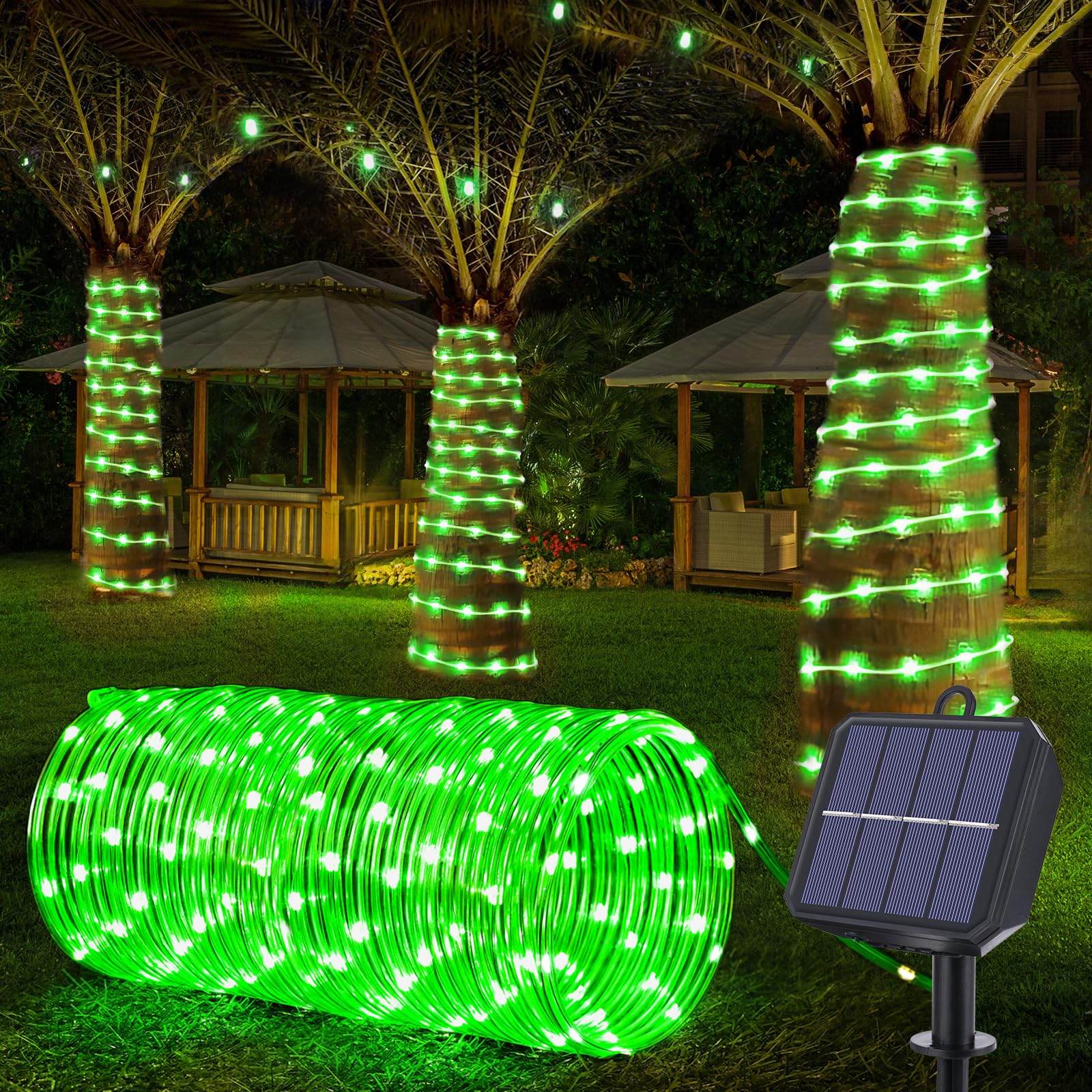Solar Rope Lights, 33ft 100LED Solar String Lights, 8 Modes Waterproof Solar Powered Outdoor Light, Flexible Clear Tube Light for Garden Backyard Patio Deck Porch Pool Tree Christmas Decoration -Green