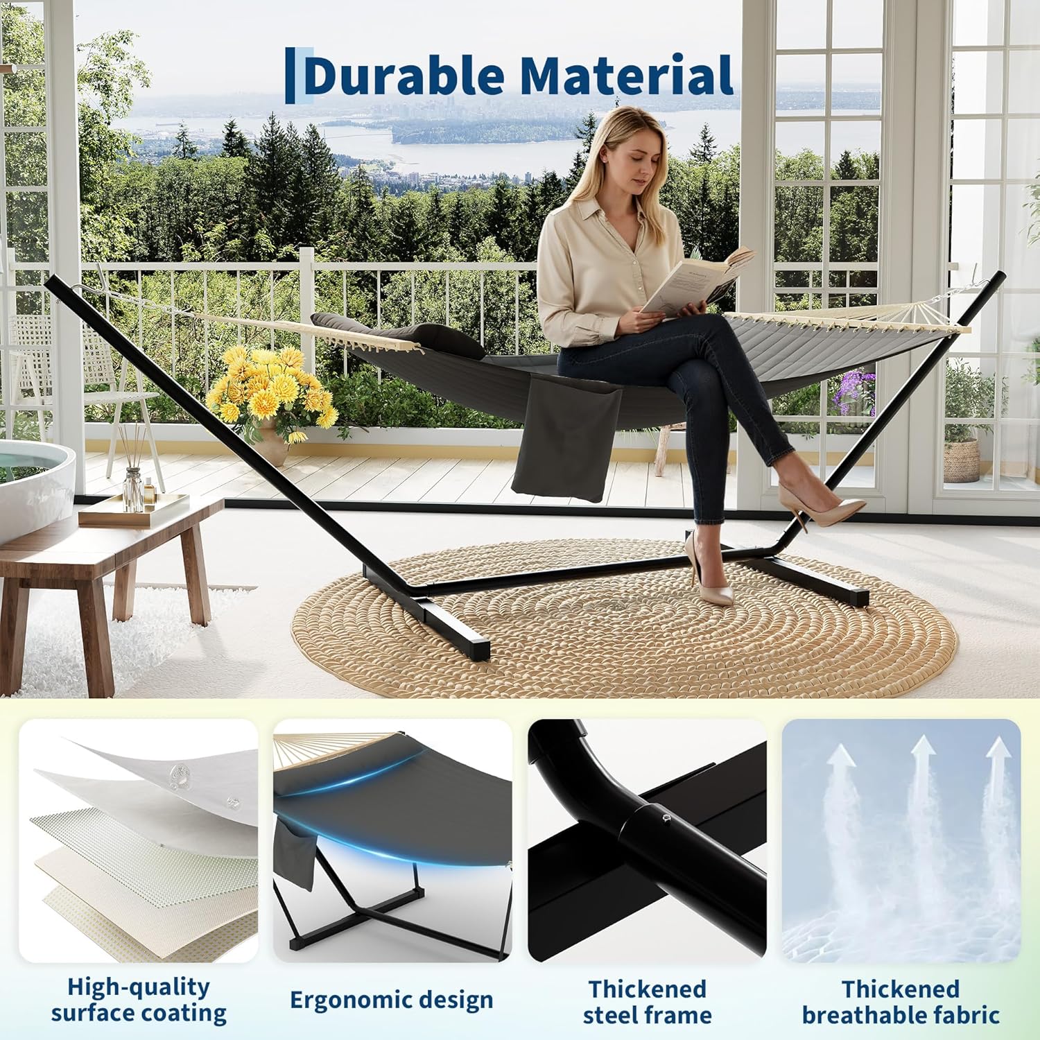Garvee Double Hammock with Stand for Outdoor, Heavy Duty Portable 2 Person Hammock with Adjustable Steel Stand for Patio, Garden, Beach, Backyard