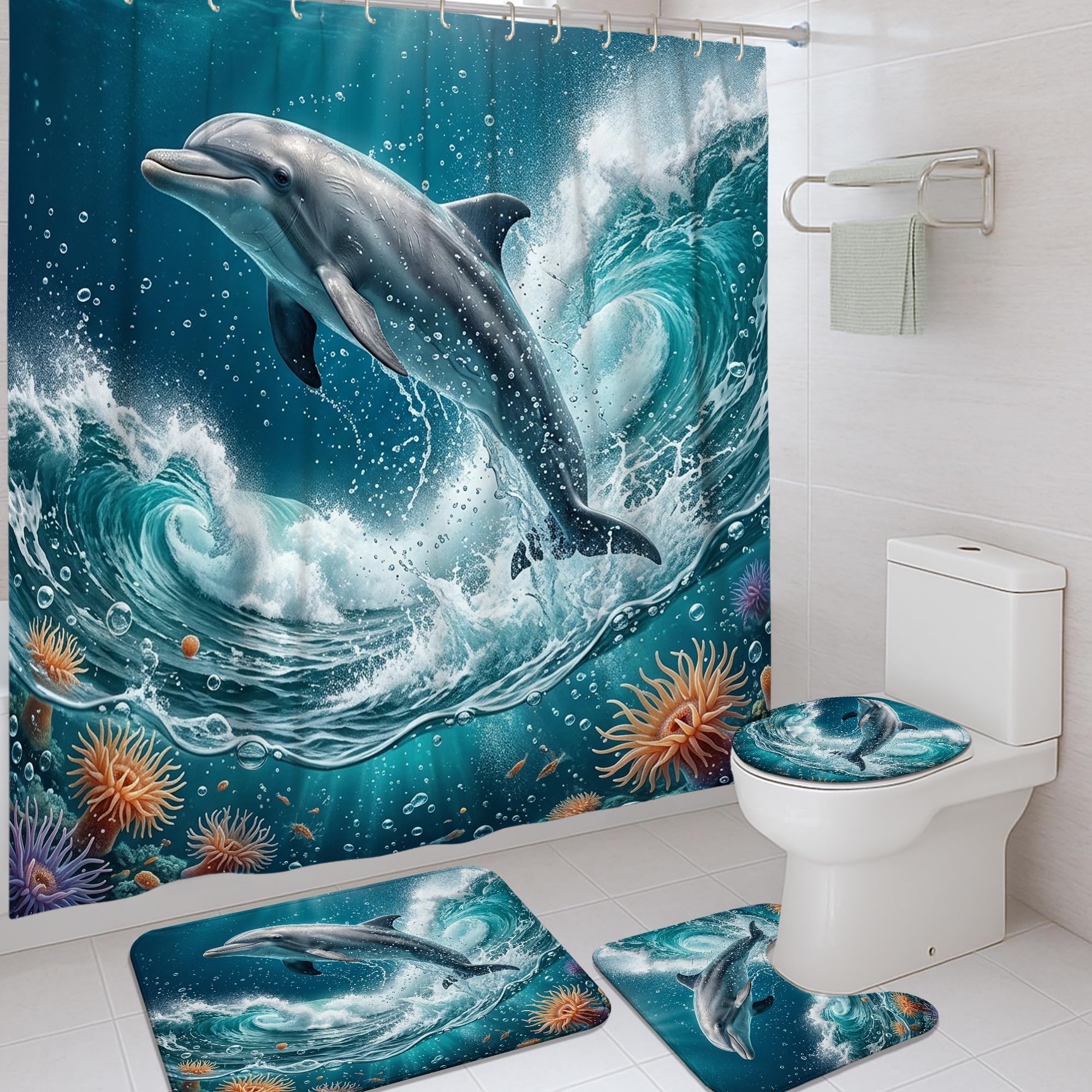 Rideau de douche dauphin en tissu de qualité supérieure bleu océan