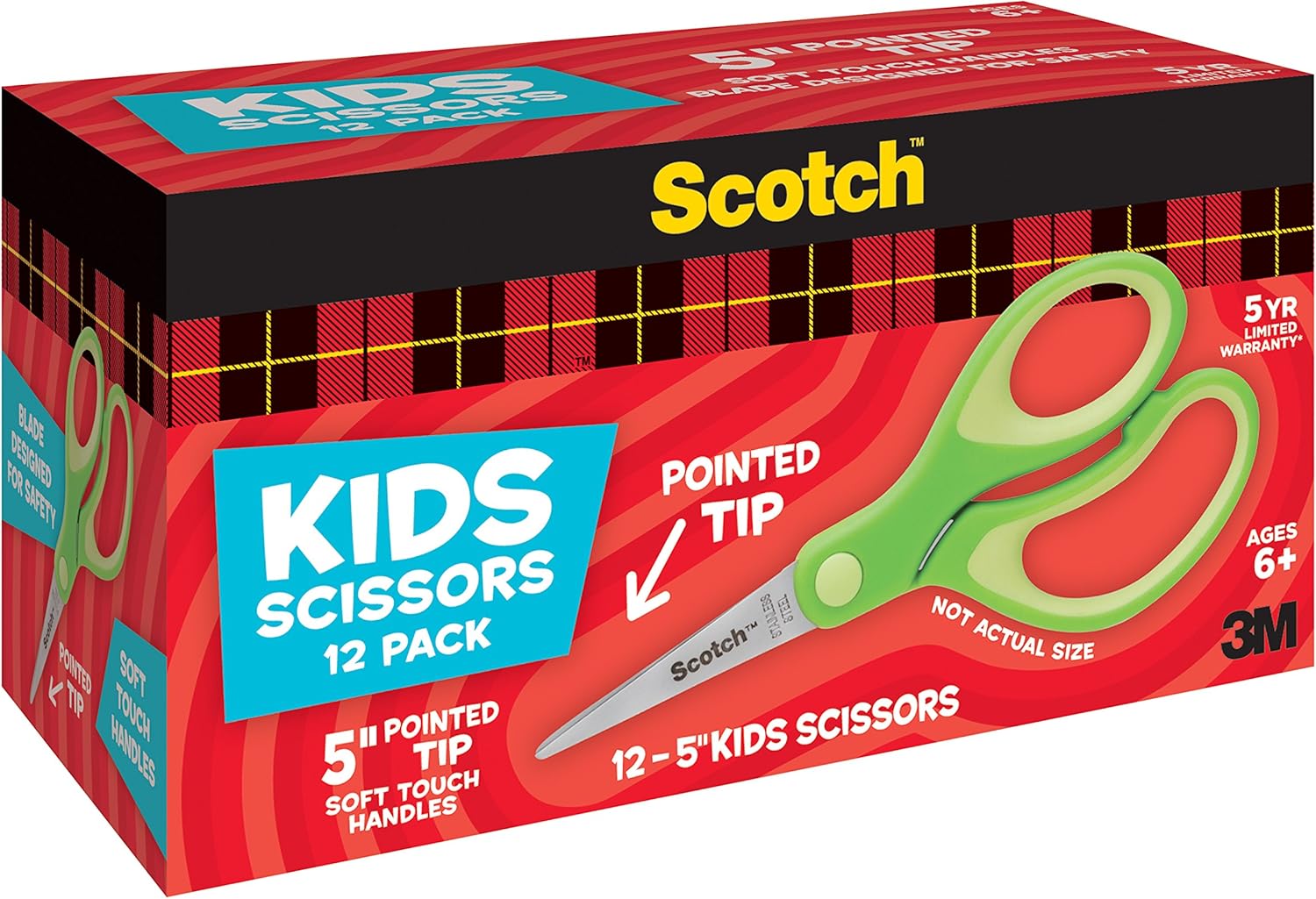 Scotch 5-Inch Soft Touch Pointed Kid Scissors, 12 Count Teacher Pack, Green, Pack of 6
