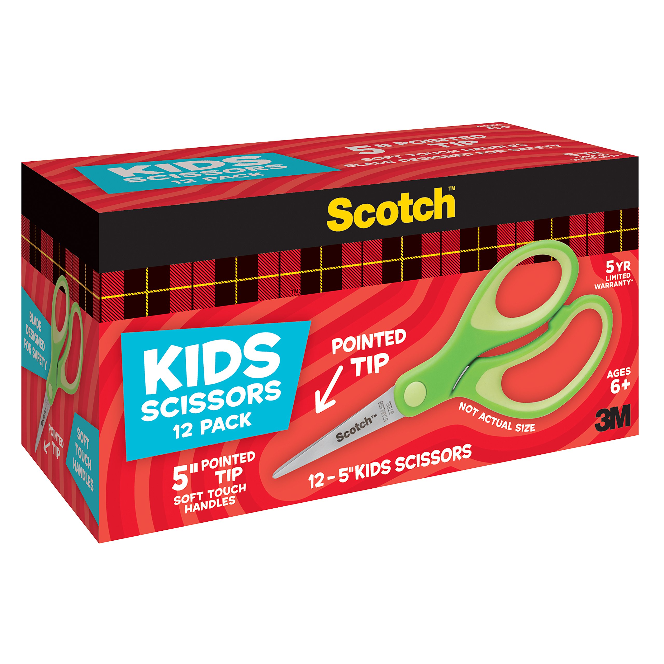 Scotch Lot de 6 paires de ciseaux pointus doux au toucher pour enfant de 12 pièces, vert (1442P-12)