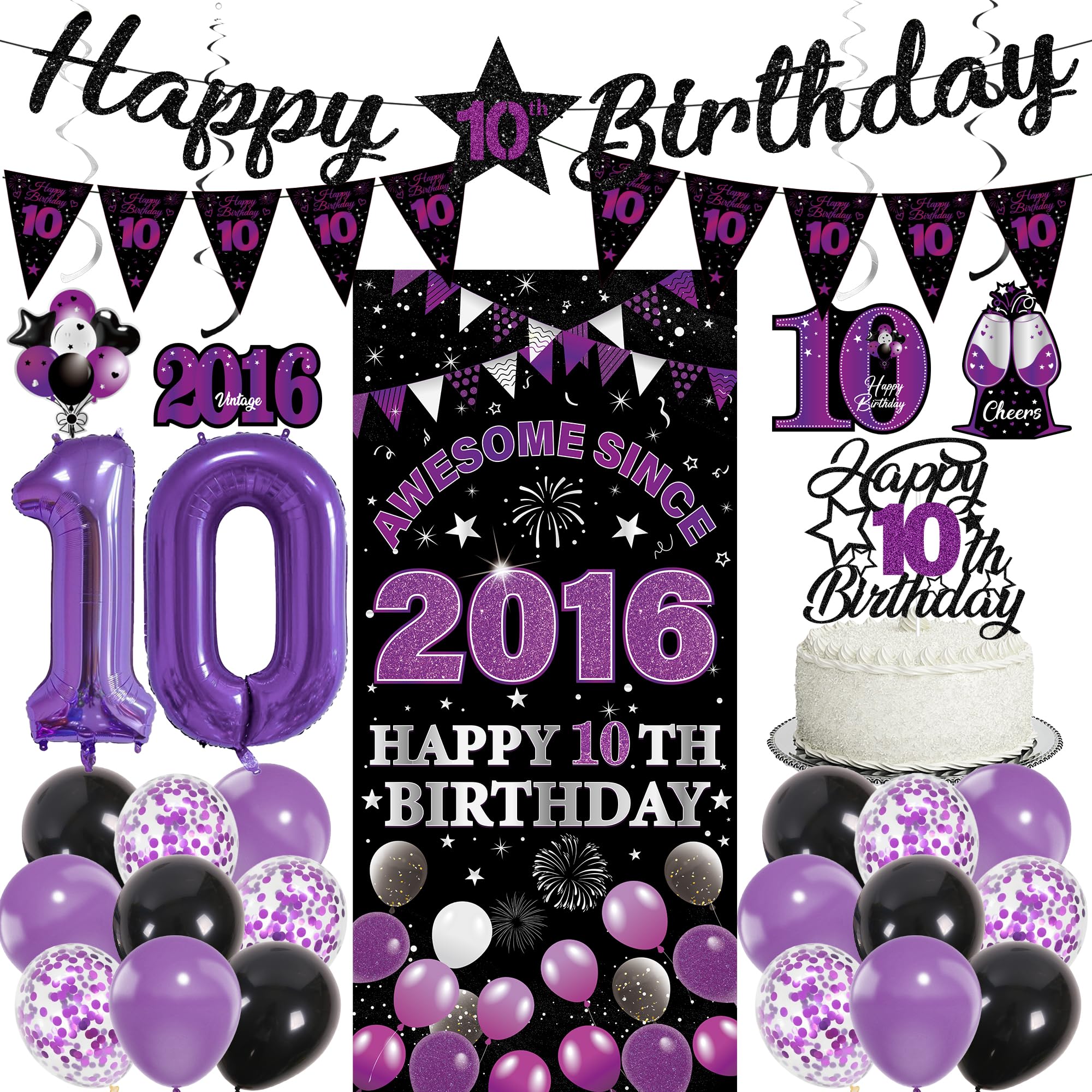 10th Birthday Decorations Girls Kit - 27 Pcs Black Purple Happy 10th Birthday Banner Triangular Flag Hanging Swirls Backdrop Cake Topper 10 Balloon Set for 10 Years Old Party Decoration Supplies