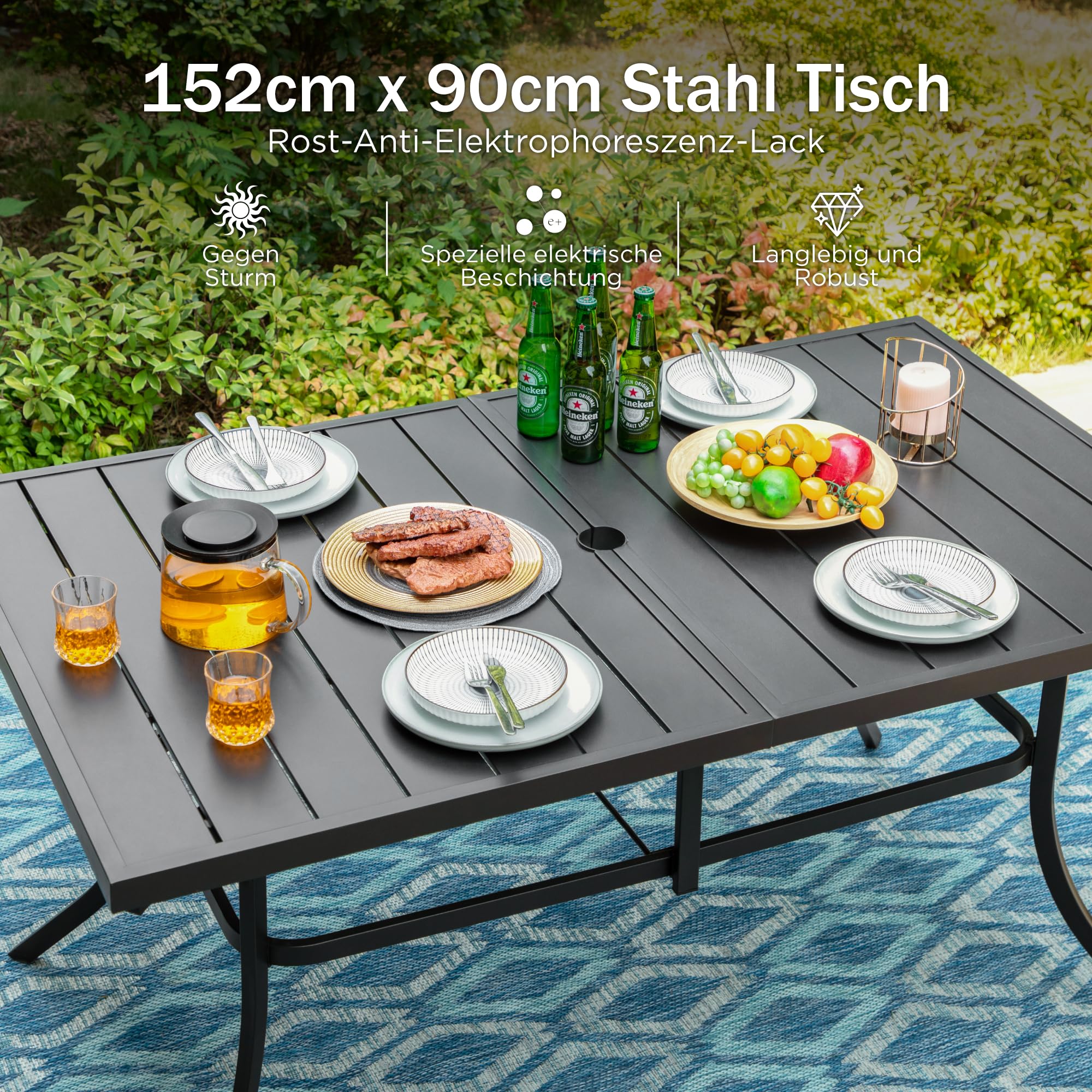 PHI VILLA Gartenmöbel 6 stühle mit Tisch Set Wetterfest Gartengarnitur Set 6 Personen mit Stapelbare Stühle und Rechteckig Esstisch mit 4cm Schirmloch Terrassen Outdoor Bistro Möbel Sets Metall