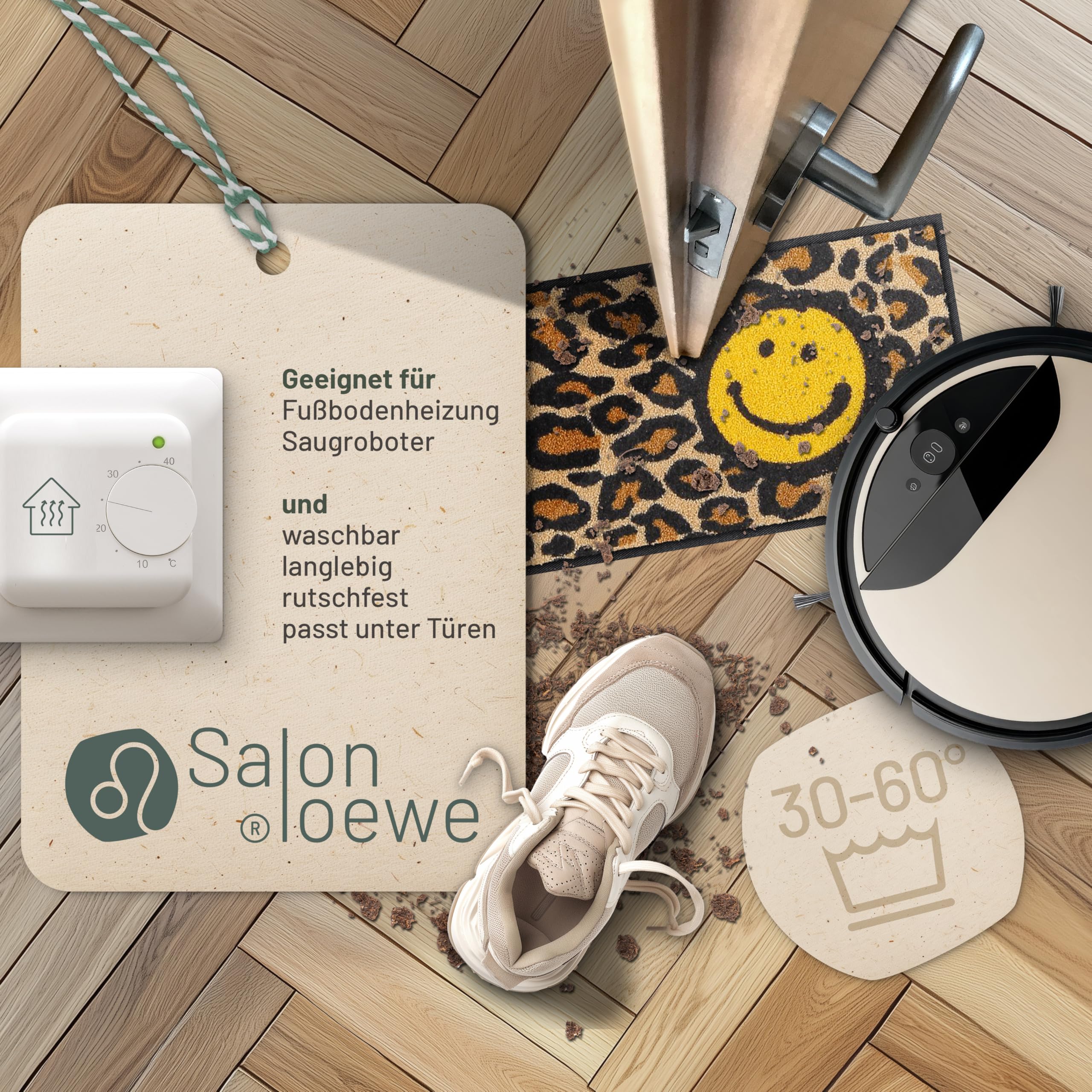 Salonloewe Paillasson Smile Leo jaune, 30 x 75 cm, paillasson, anti-salissures, lavable et antidérapant, 100 % sans PVC, pour l'intérieur et l'extérieur