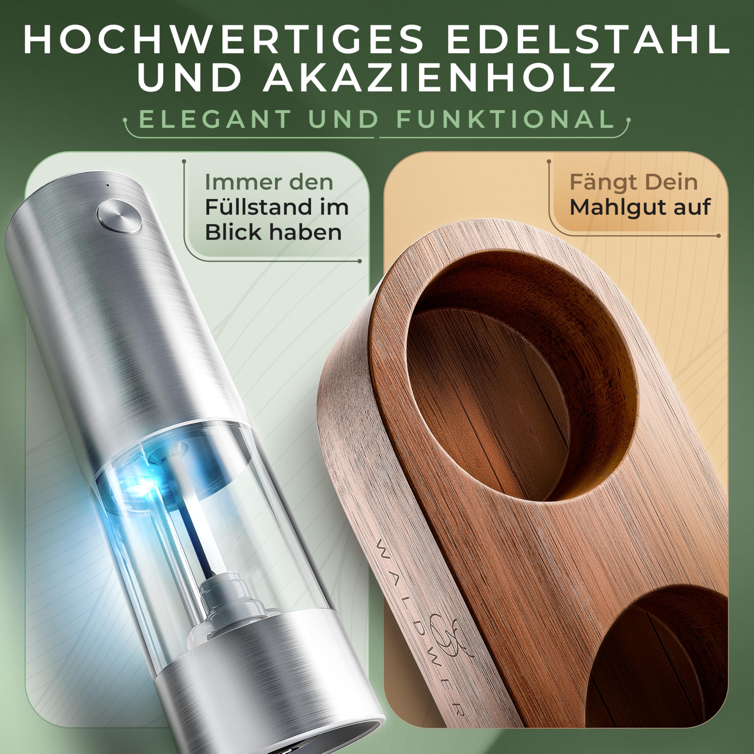 WALDWERK Elektrische Salz- und Pfeffermühle (300 mAh Akku) - Edle Akazie-Halterung - Elektrische Mühle für Salz und Pfeffer