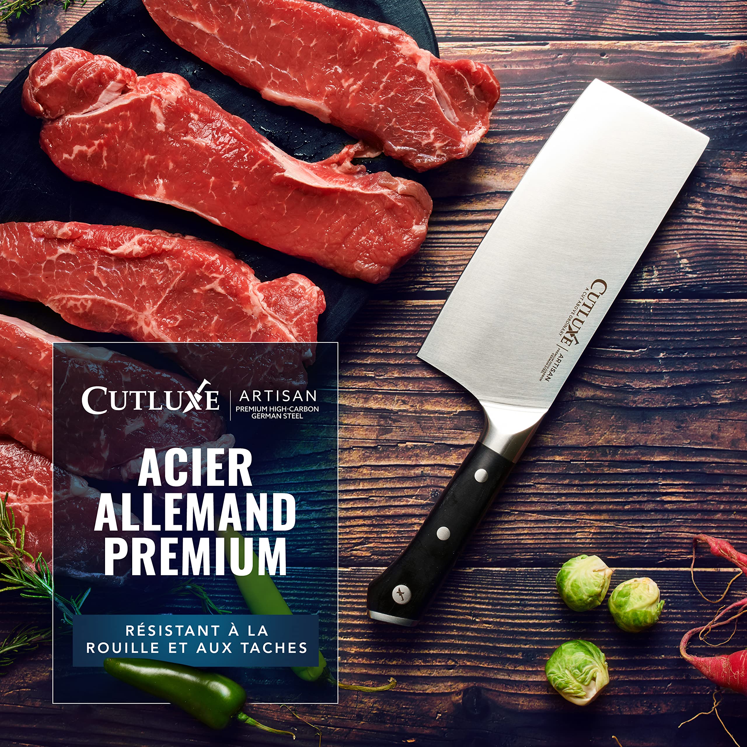 Cutluxe Couteau de Boucher 17.7 cm Acier Allemand Carbone Tang Complet Série Artisan