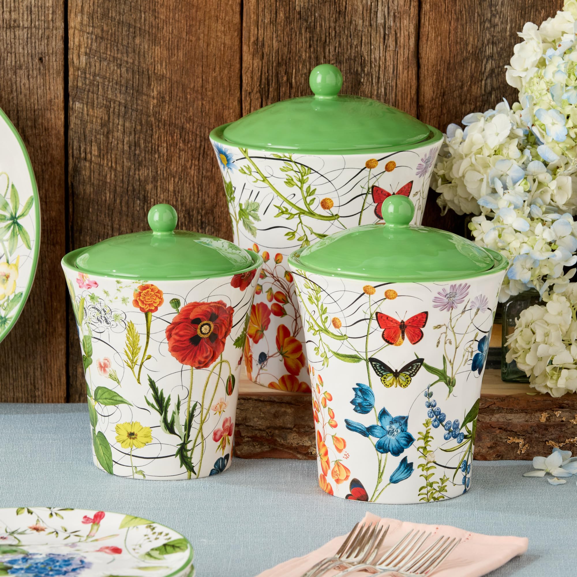 Gewächshaus-Keramikdosen-Set, 3-teilig, enthält 2,7 l, 1,8 l und 1,5 l Größen, luftdichte Deckel, lebendiges Blumenmuster mit Schmetterlingen und Libellen, perfekt für Kaffee, Tee, Zucker und