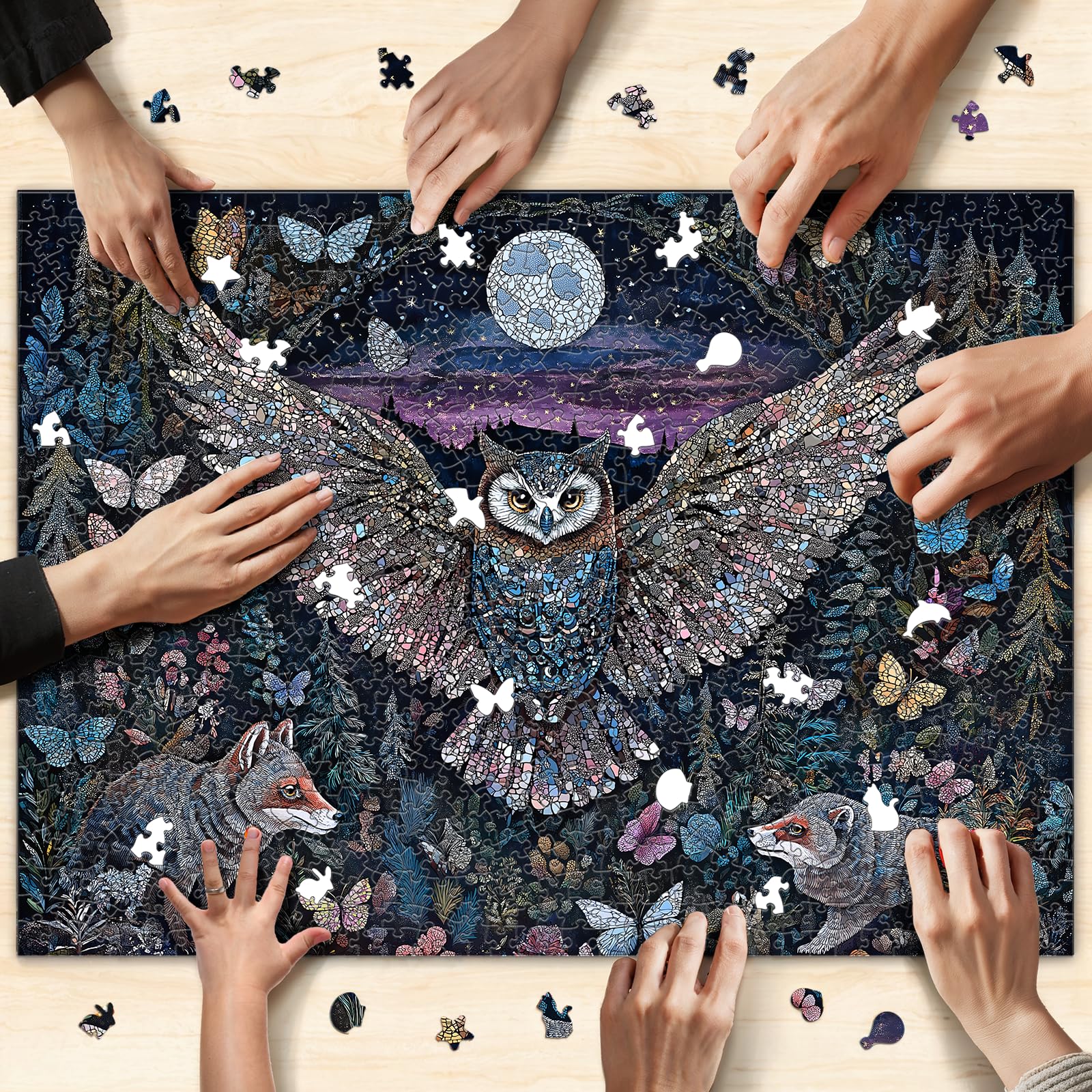 Puzzle da 1000 pezzi per adulti, gufo che si illumina al buio | Enchanted Moonlit Forest Puzzle con farfalle e volpi, stimolante gioco rompicapo a tema natura, 67,6 x 48,8 cm