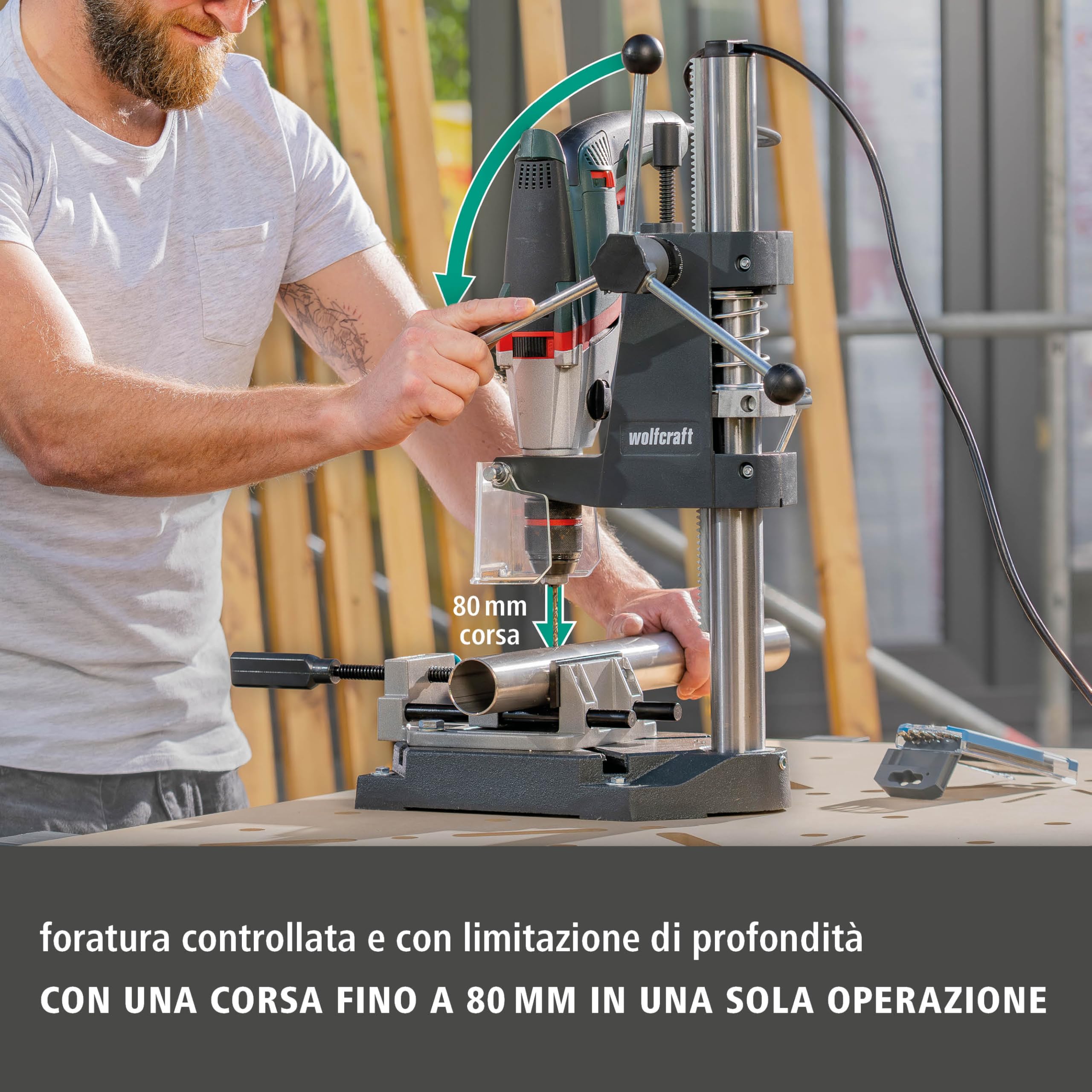 wolfcraft Colonna per Trapani PRO, Attacco Euronorm Ø 43 mm | Profondità Foratura 130 mm, Corsa 80 mm, Colonna Ø 40 mm per Forature Controllate e Lavori in Serie
