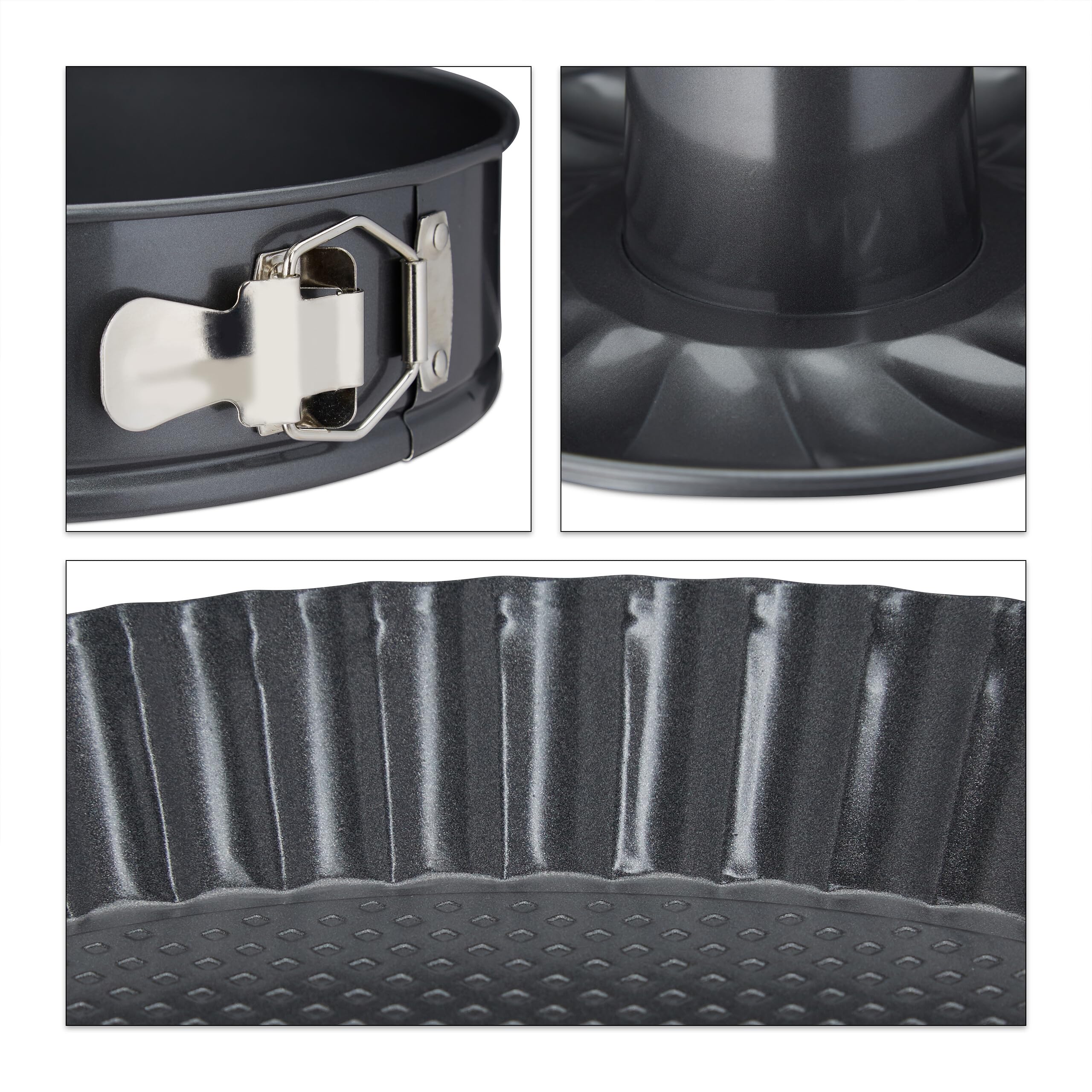 Relaxdays 10027276, anthracite Set de 5 pièces, 4 gâteaux, moule rectangle, à charnières, kouglof, à tarte, pinceau