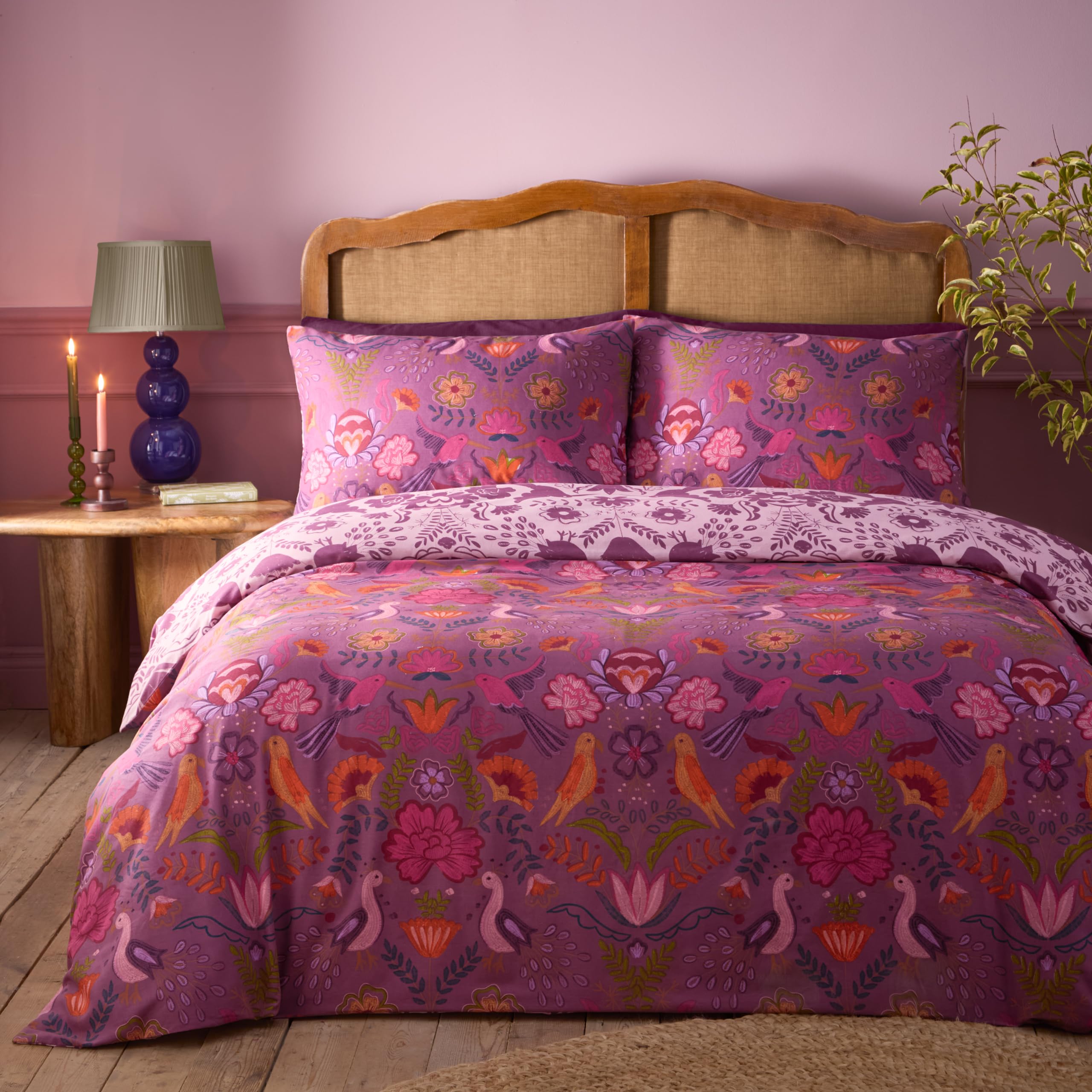 furn. Broderie Floral Reversible Duvet Cover Set - Embroidery Inspired Illusionary Bedding (Damson - King UK Standard) - Image 4