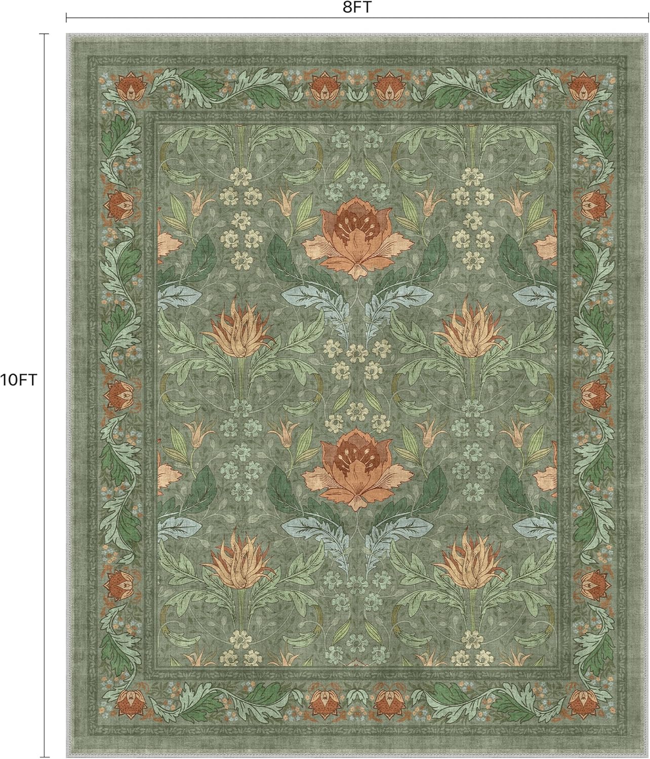 bavni 8x10 area rugs for living room, microfiber machine washable non-slip vintage floral rug, low pile lightweight carpet for bedroom, dining room, home office, bean green beangreen 8x10