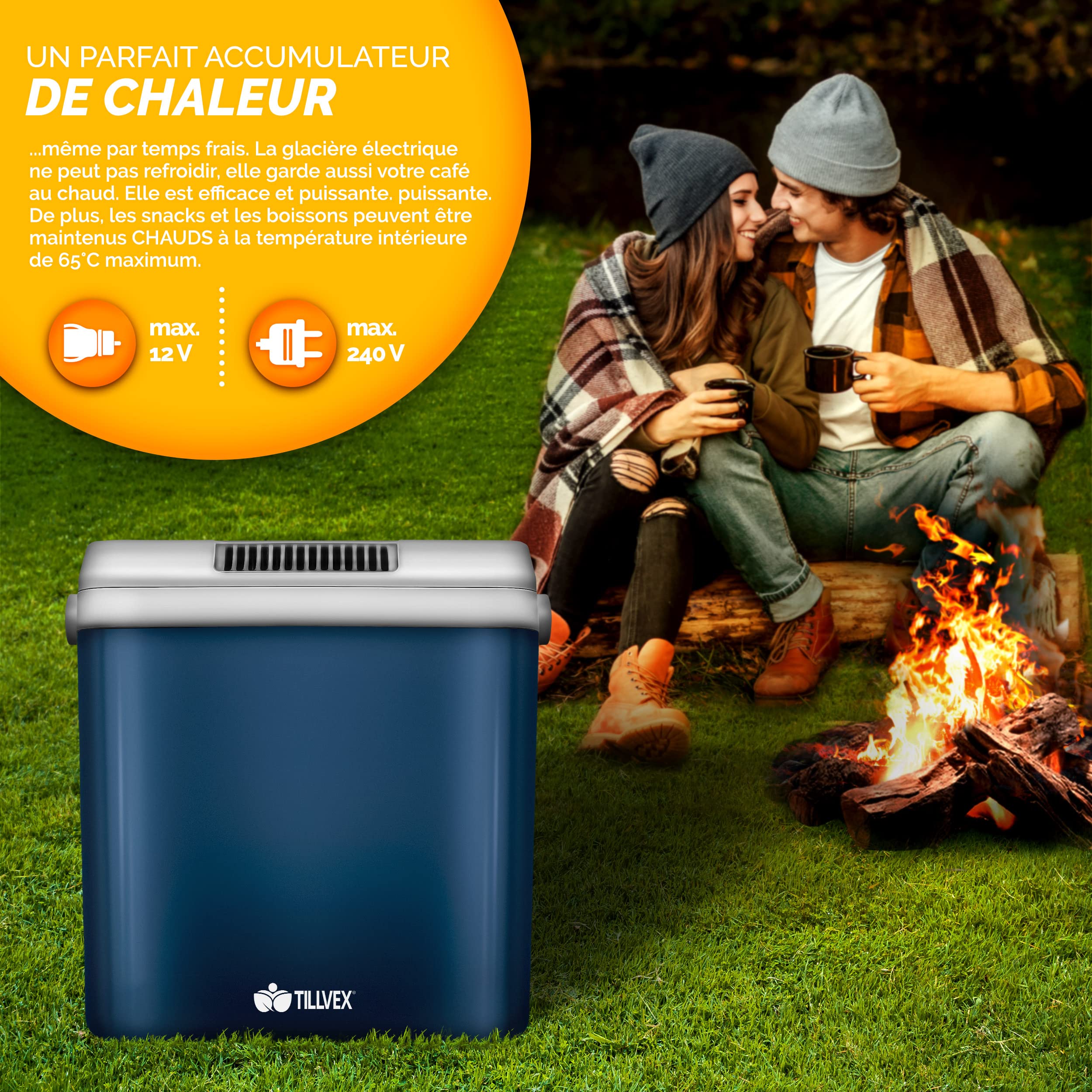 tillvex Glacière électrique 32 L | Mini réfrigérateur 230 V et 12 V pour Voiture, Voiture, Camping | refroidit et réchauffe | Mode ECO