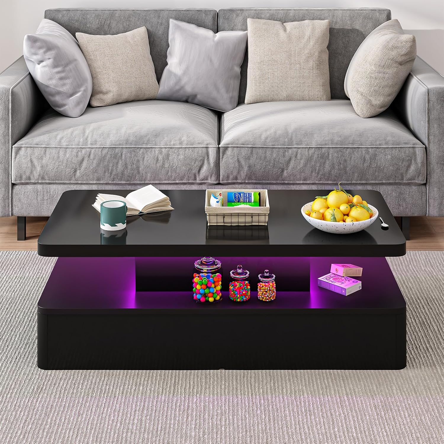 40" Modern Living Room Tables, LED Coffee Table with LED Lights, 2 Tier Rectangular Center Table with Large Storage, High Glossy Surface, Tea Table for Living Room, Black