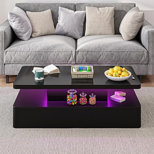 Miniatura 8 de Mesas modernas de sala de estar, mesa de centro LED con luces LED, mesa central rectangular de 2 niveles con gran almacenamiento, superficie de alto