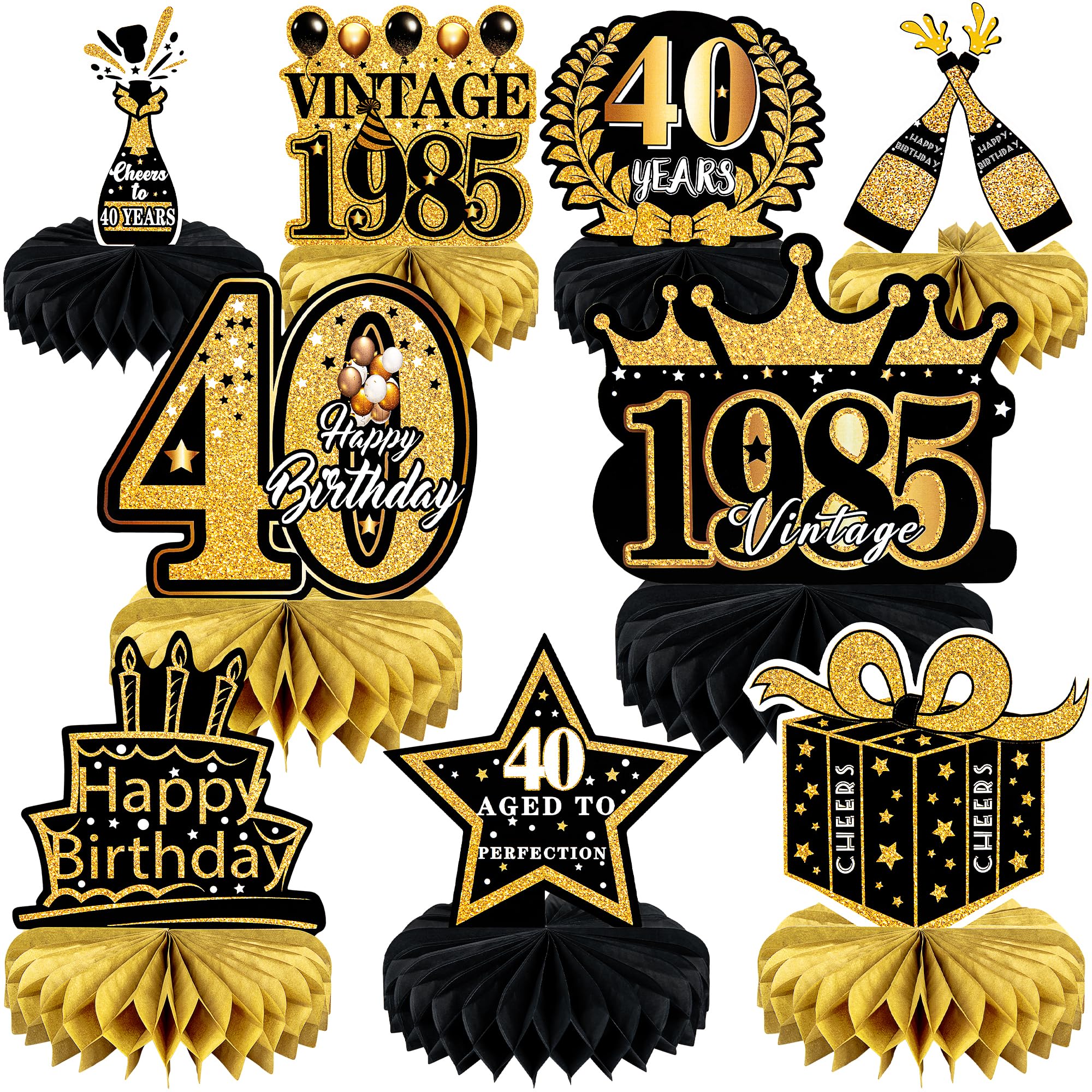 9 Pcs 40th Birthday Decoration for Men Women Happy 40th Birthday Table Decorations Cheers to 40th Honeycomb Centerpieces 1985 Birthday Party Decorations Black and Gold 40th Birthday Party Favors