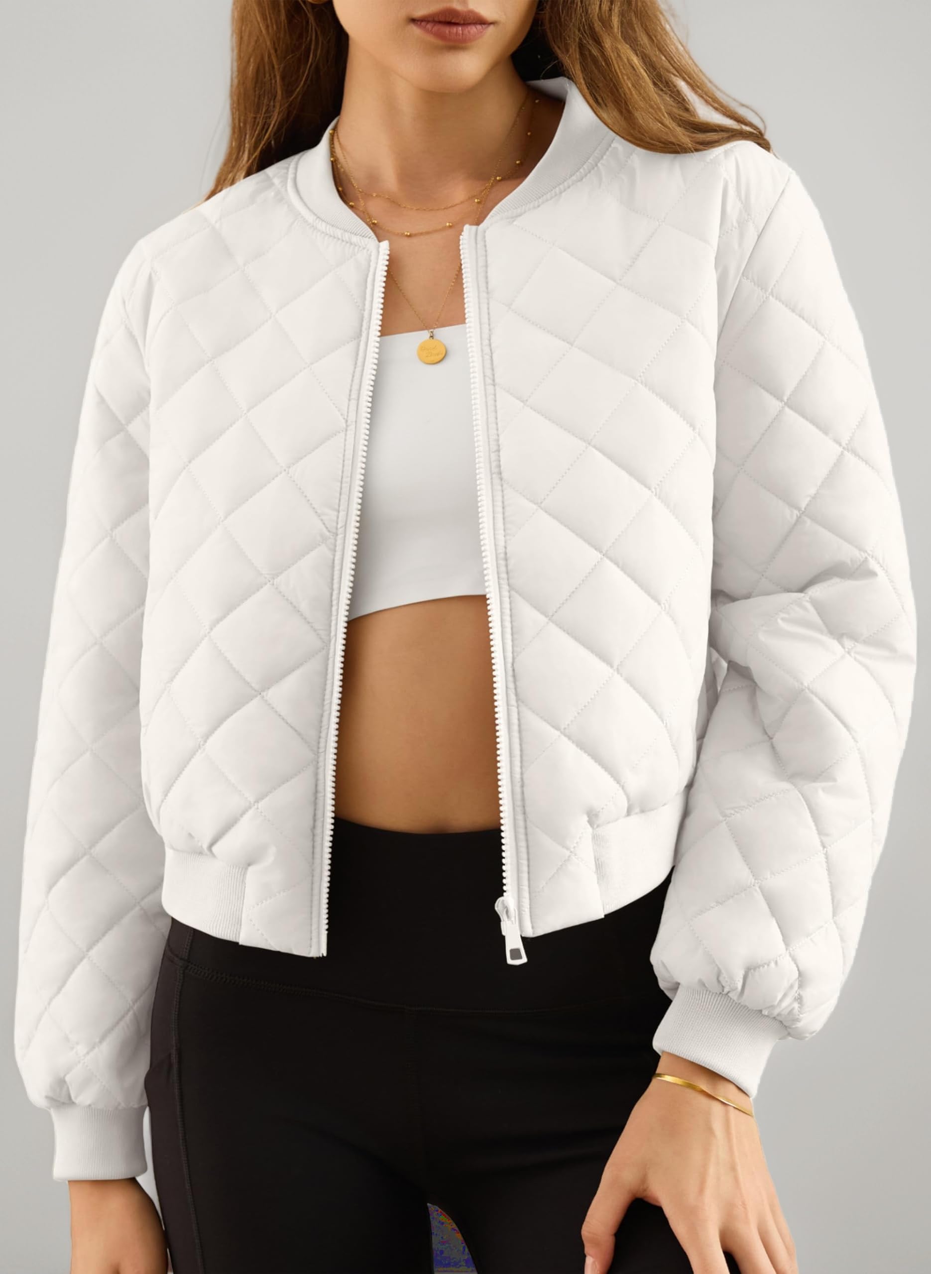 Fengbay Womens Quilted Jackets Full Zip Lightweight Bomber Jacket Long Sleeve Padded Jacket Casual Winter Warm Coats with Pockets