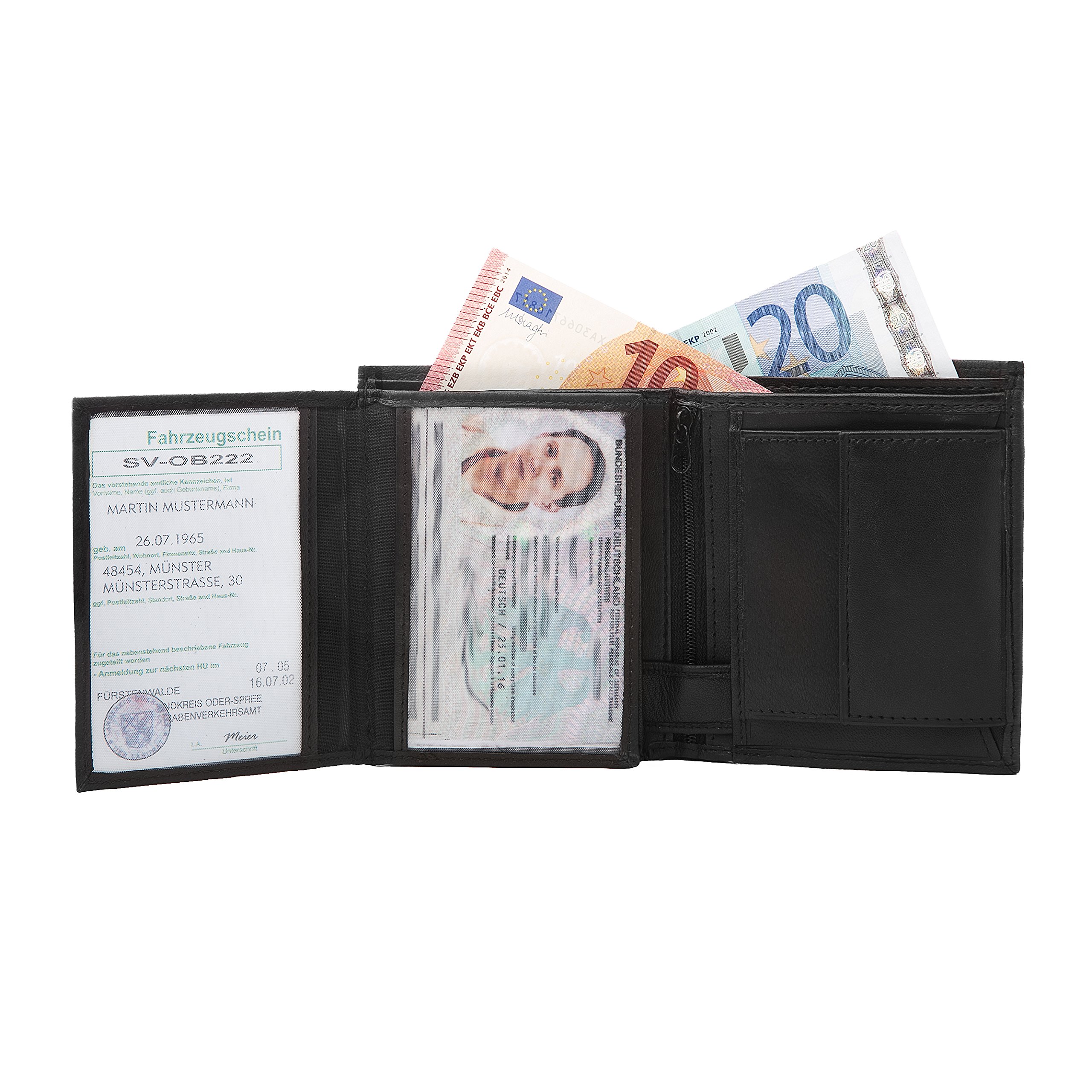 Fa.Volmer® Aksamitnie miękki portfel męski z prawdziwej skóry jagnięcej, format pionowy, 10 przegródek na karty kredytowe, czarny (#WSH91), czarny, Trifold, Klasyczny