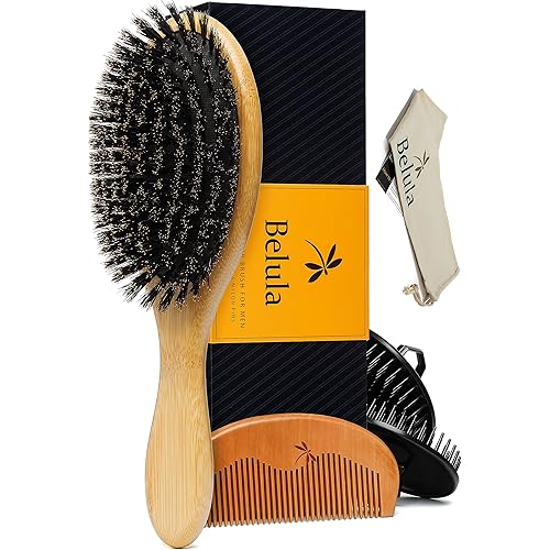 Belula 100% Boar Bristle Hair Brush for Men Set. Soft Hairbrush for Thin, Normal and Short Hair. Boar Bristle Brush and Wooden Comb for Men. Free 2 x Palm Brush & Travel Bag Included.
