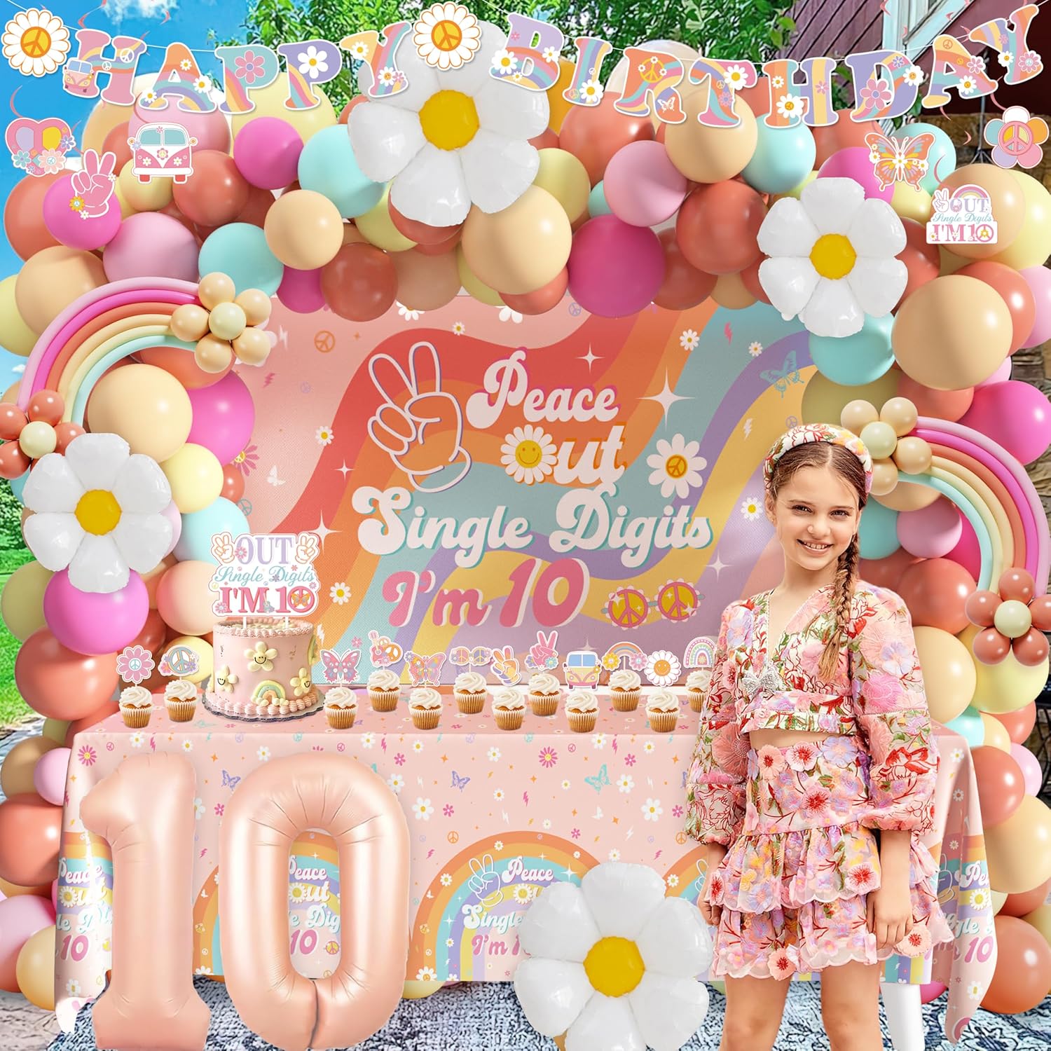 10th Birthday Decorations for Girl, Peace Out Single Digits Party Decor Groovy 10th Birthday Decor Boho I'm 10 Backdrop Banner Tablecloth Cake Topper Honeycomb Centerpieces Hanging Swirls Balloons Set