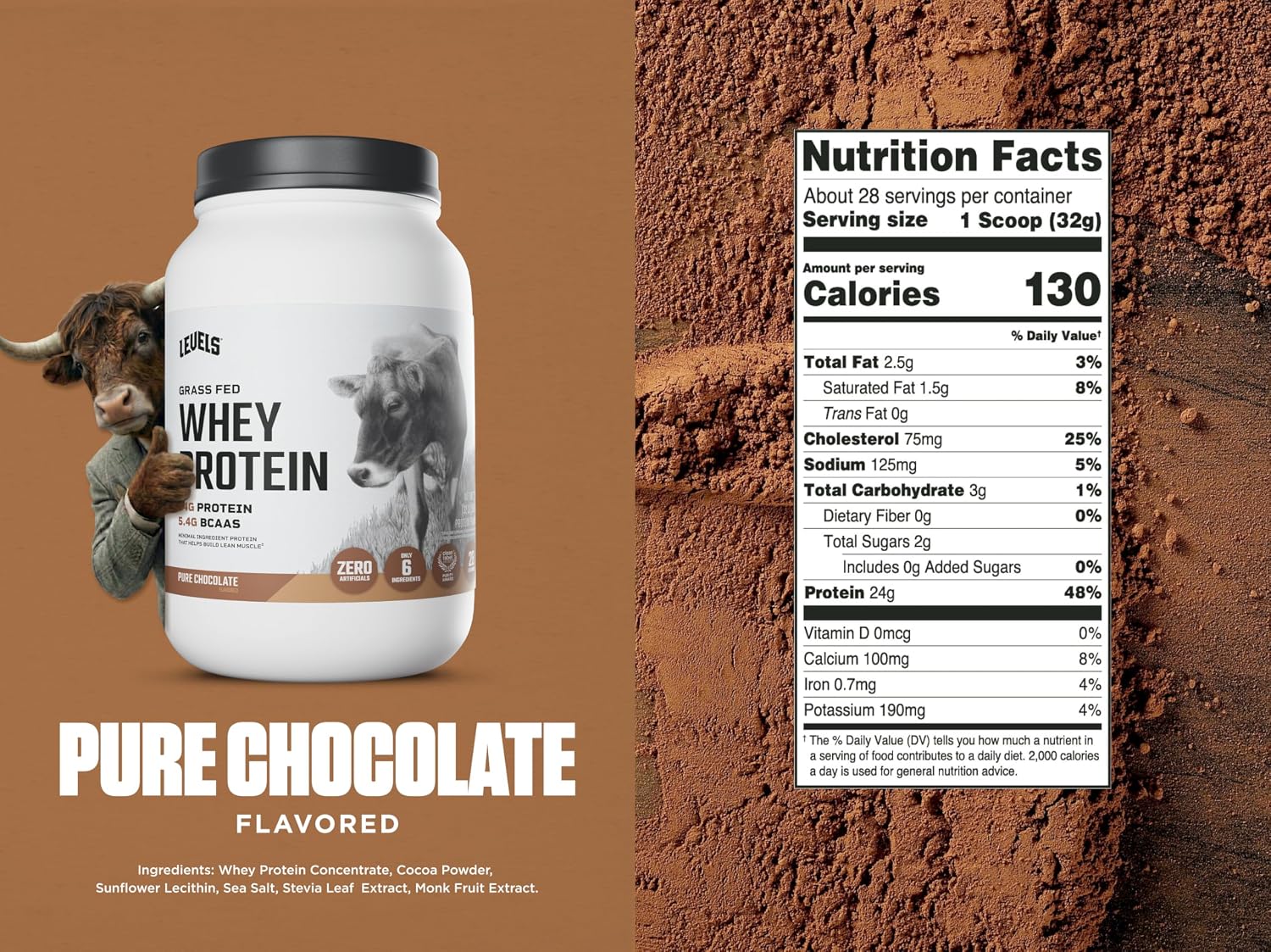 Levels Grass Fed Whey Protein Powder, No Artificials, 24G of Protein, Pure Chocolate, 2LB image 3